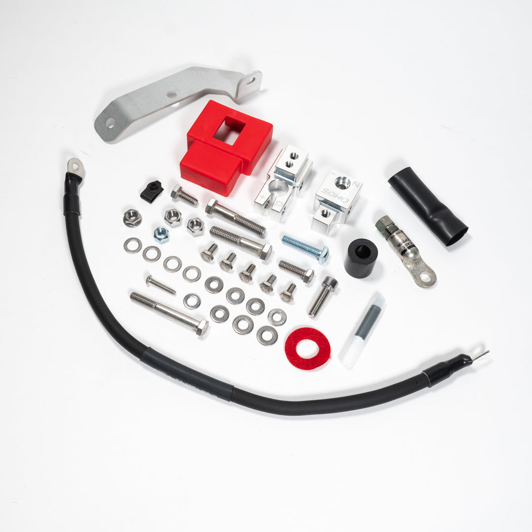 2015-2020 Ford F150/Raptor Complete Billet Battery Terminal Kit Display of included parts and hardware 
