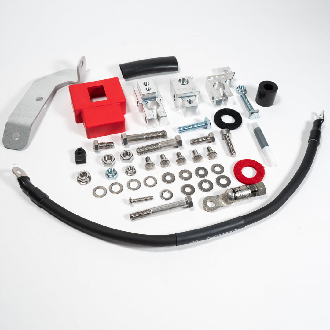 2015-2020 Ford F150/Raptor Complete Billet Battery Terminal Kit Display of Included Parts and Hardware 