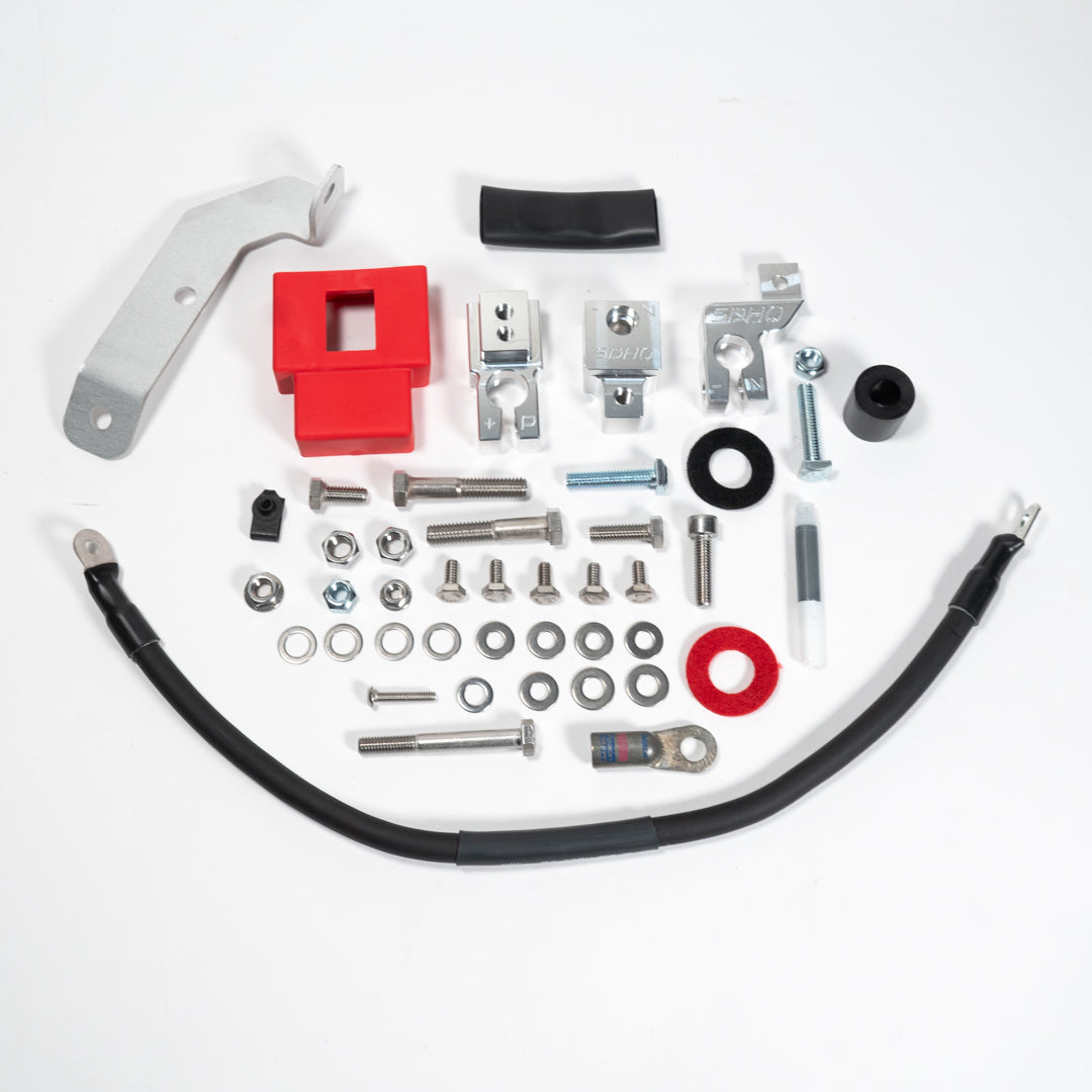 2015-2020 Ford F150/Raptor Complete Billet Battery Terminal Kit Display of Included Parts and Hardware 