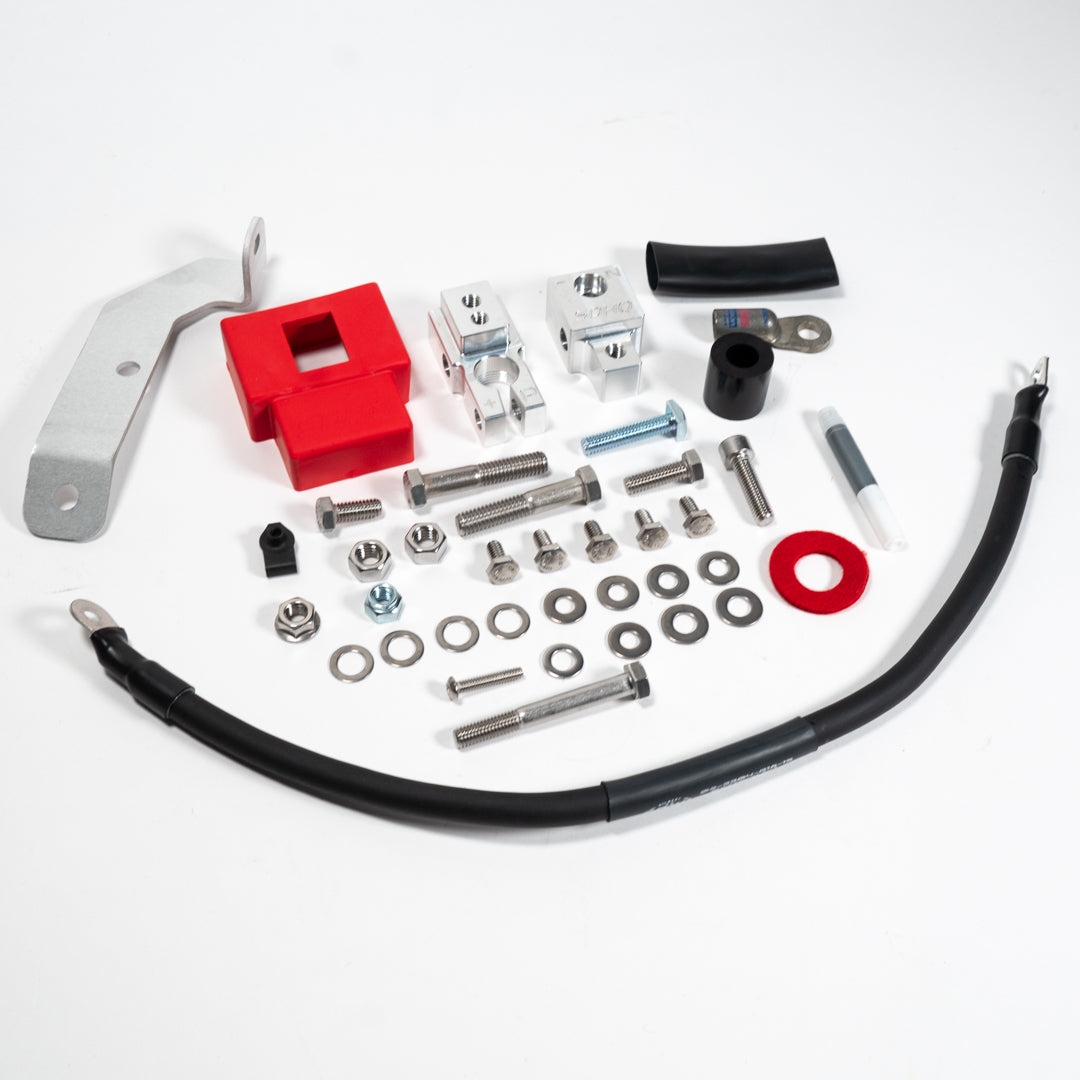 2015-2020 Ford F150/Raptor Complete Billet Battery Terminal Kit Display of included parts and hardware 