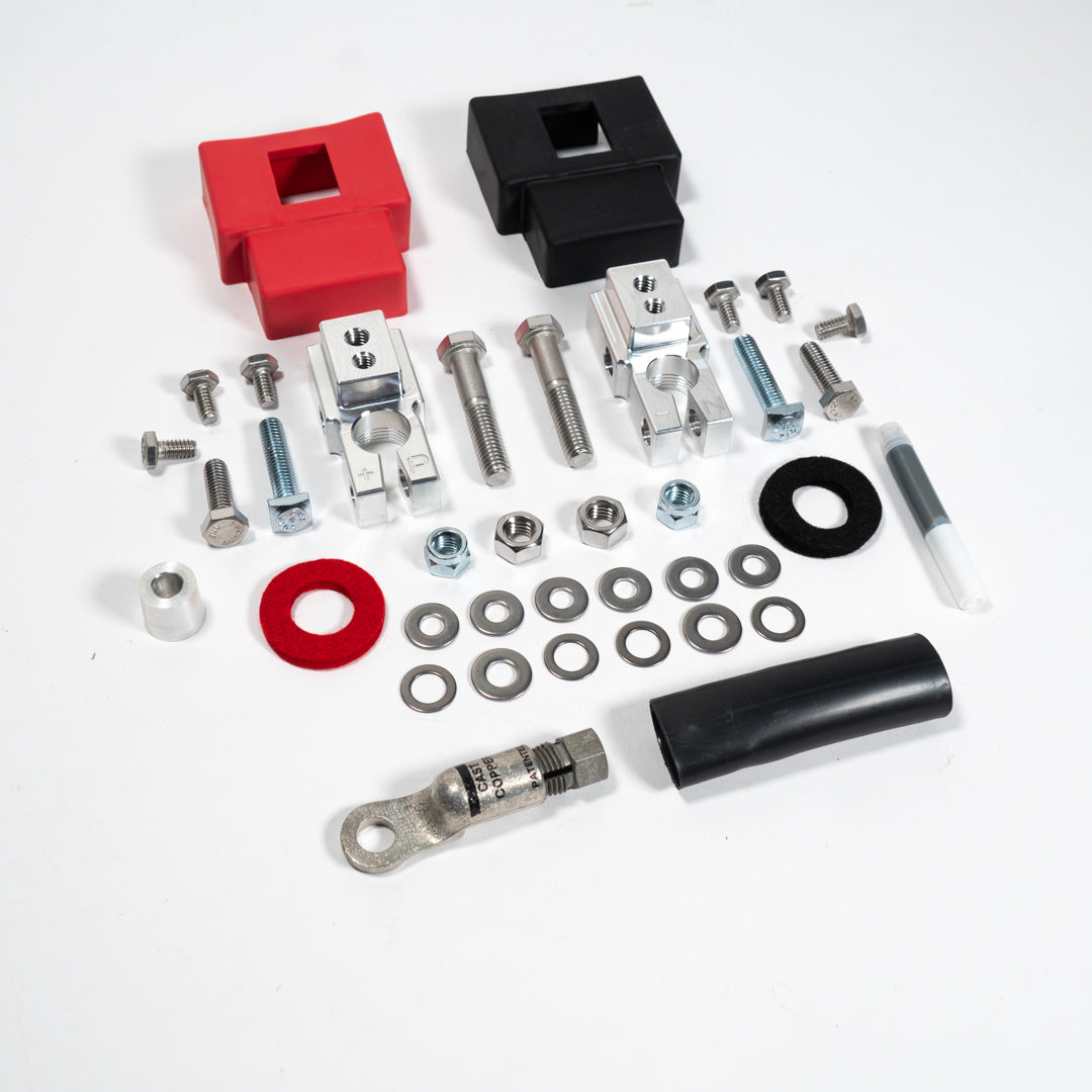 2015-2020 Ford F150/Raptor Complete Billet Battery Terminal Kit Display of included parts and Hardware 