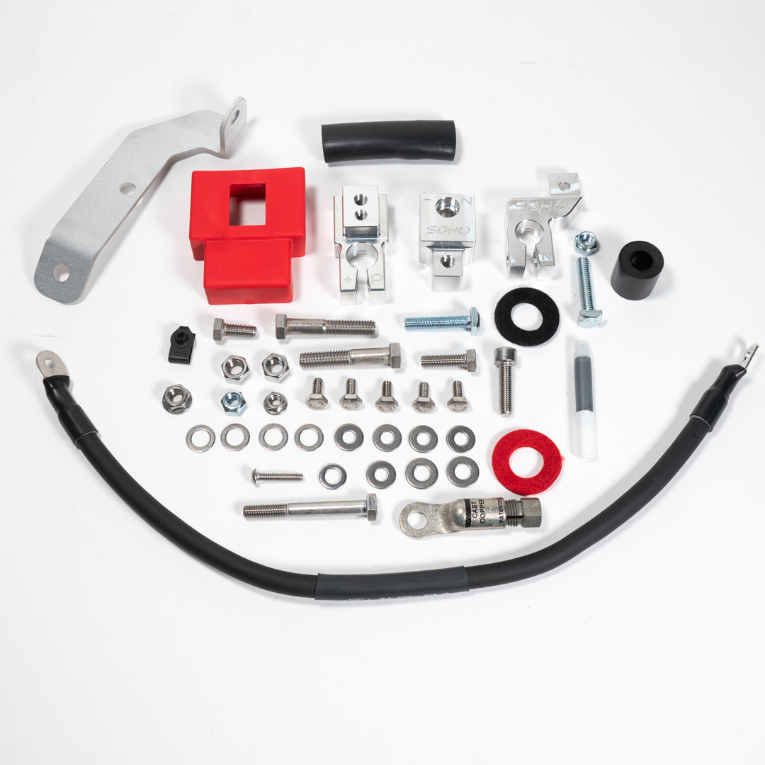 2015-2020 Ford F150/Raptor Complete Billet Battery Terminal Kit Display of included parts and hardware 