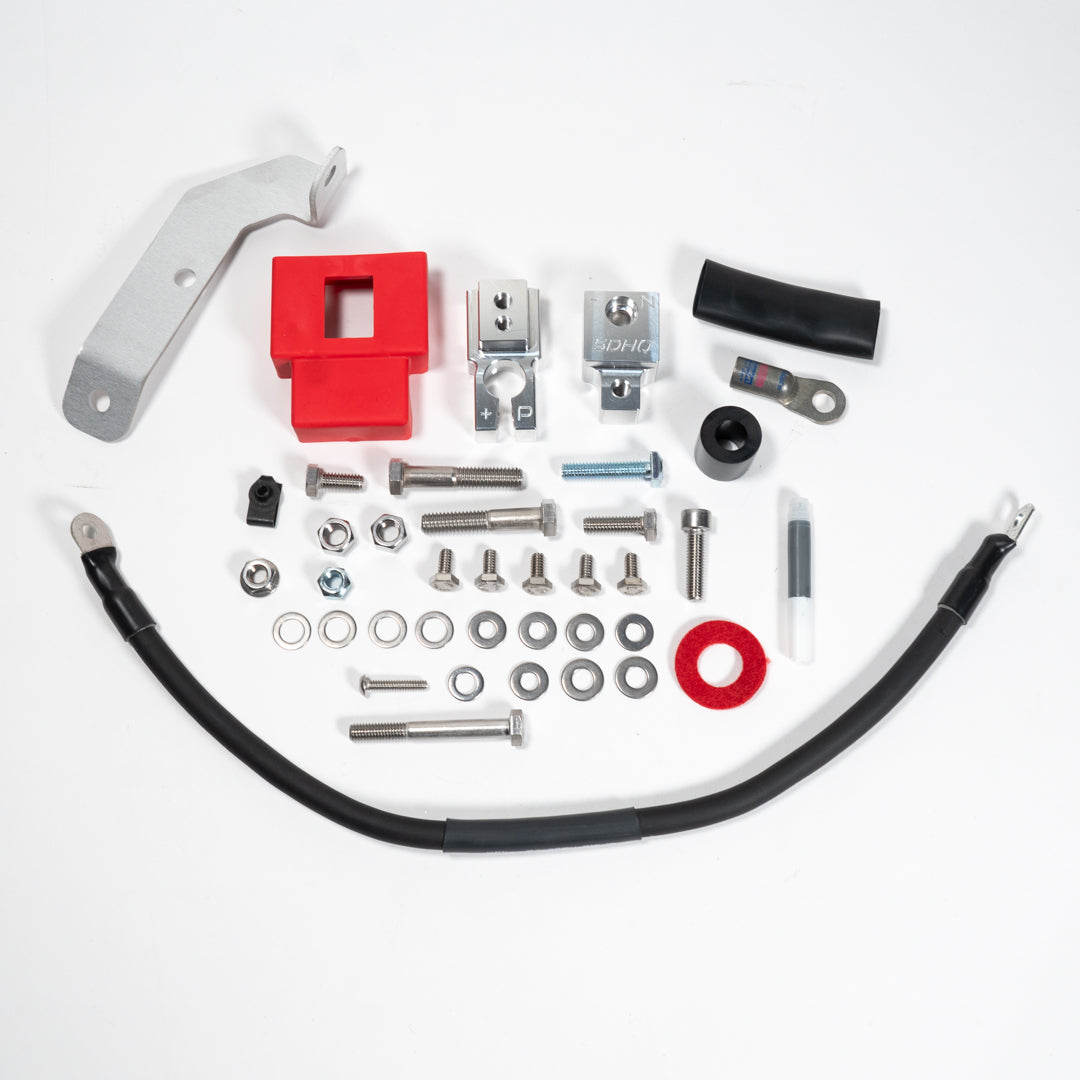 2015-2020 Ford F150/Raptor Complete Billet Battery Terminal Kit Display of included parts and hardware