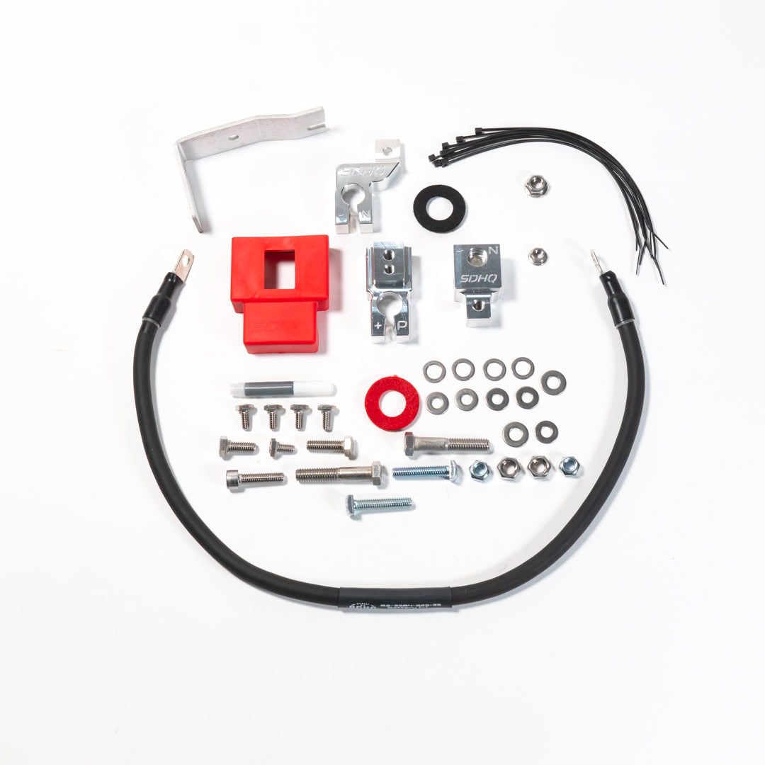 2018-2023 Jeep JL/JT (392 & 3.0L Eco Diesel) SDHQ Built Billet Battery Terminal Kit Display of included parts and hardware