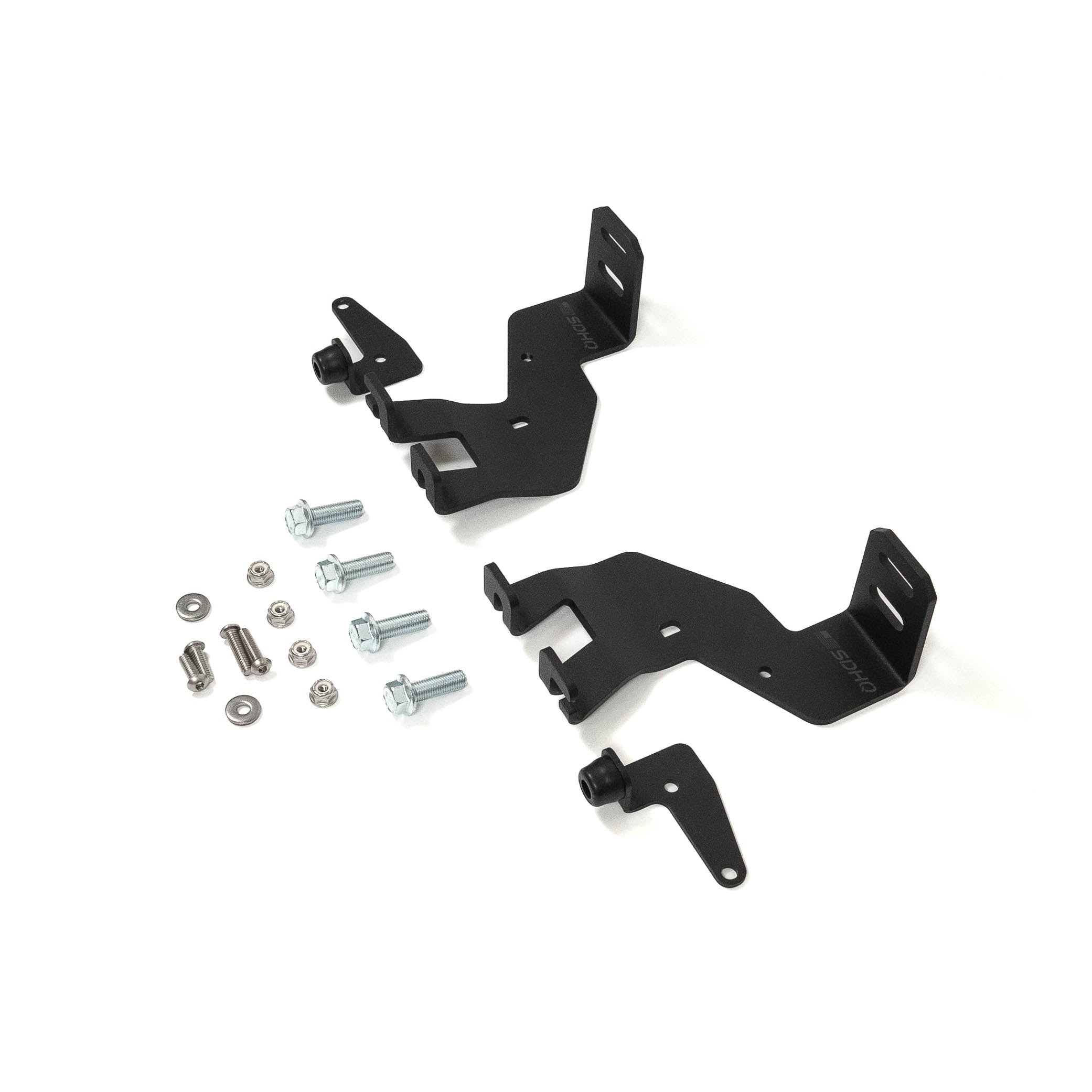 SDHQ Built '24 LC250 A-Pillar Light Mounts Display of included parts and hardware 
