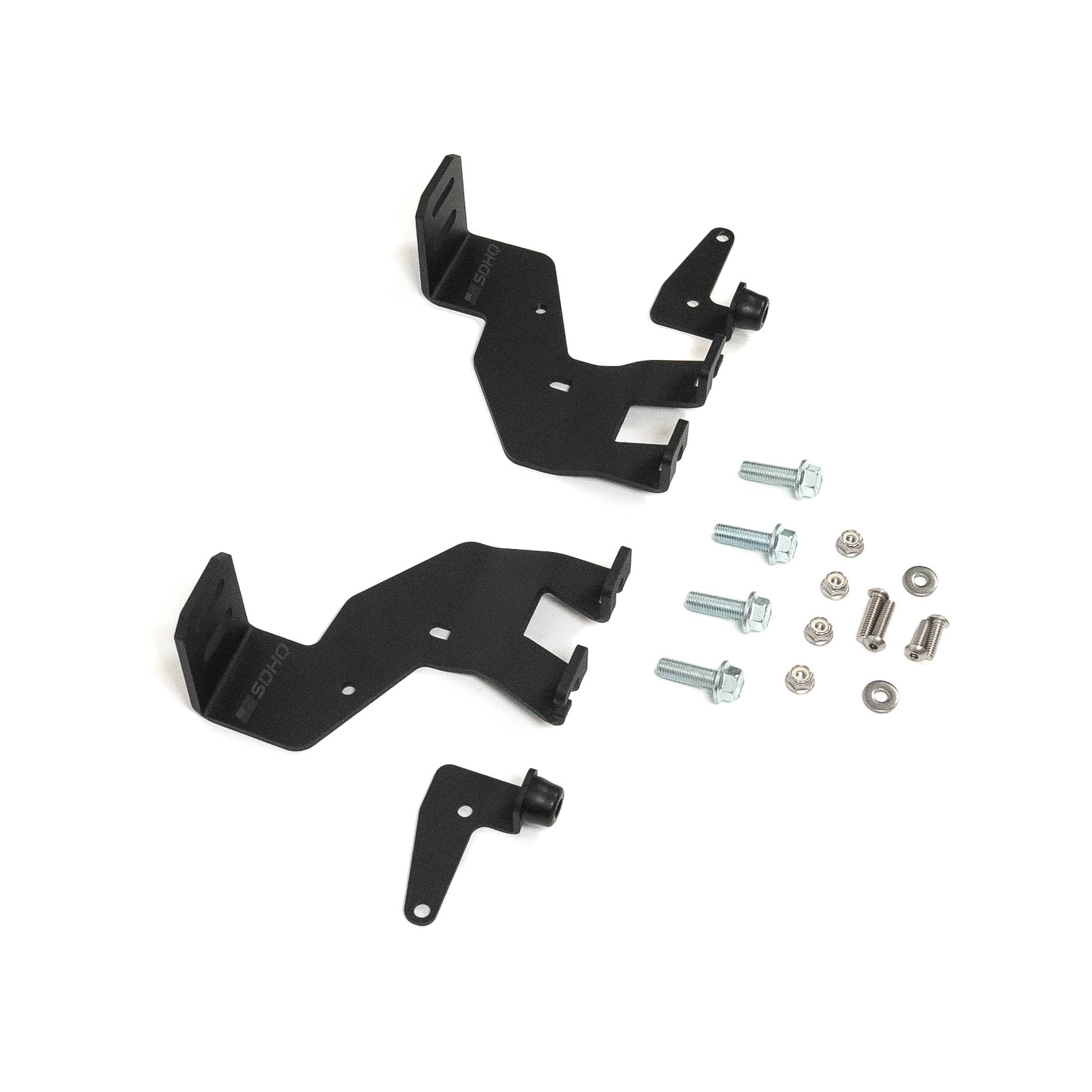 SDHQ Built '24 LC250 A-Pillar Light Mounts Display of included parts and hardware 