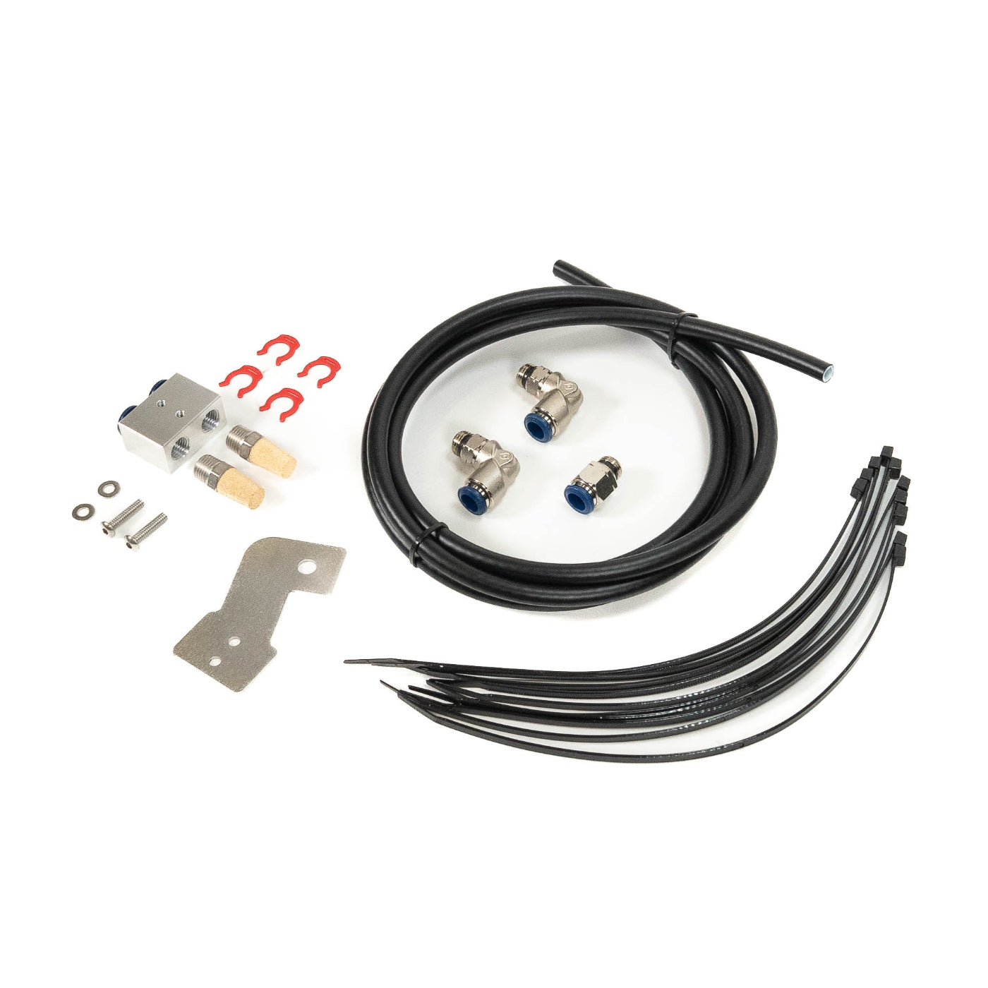 SDHQ Built 2024 LC250 ARB Filter Relocation Kit DISPLAY OF INCLUDED COMPONENTS FROM SIDE ANGLE TO SHOW ADDITIONAL DETAILS OF COMPONENTS