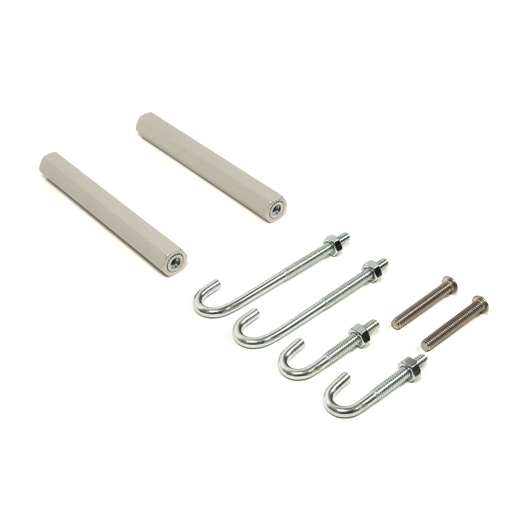 SDHQ Built Billet Battery Hold Down J-Hook Extension Kit Display of Included Parts 