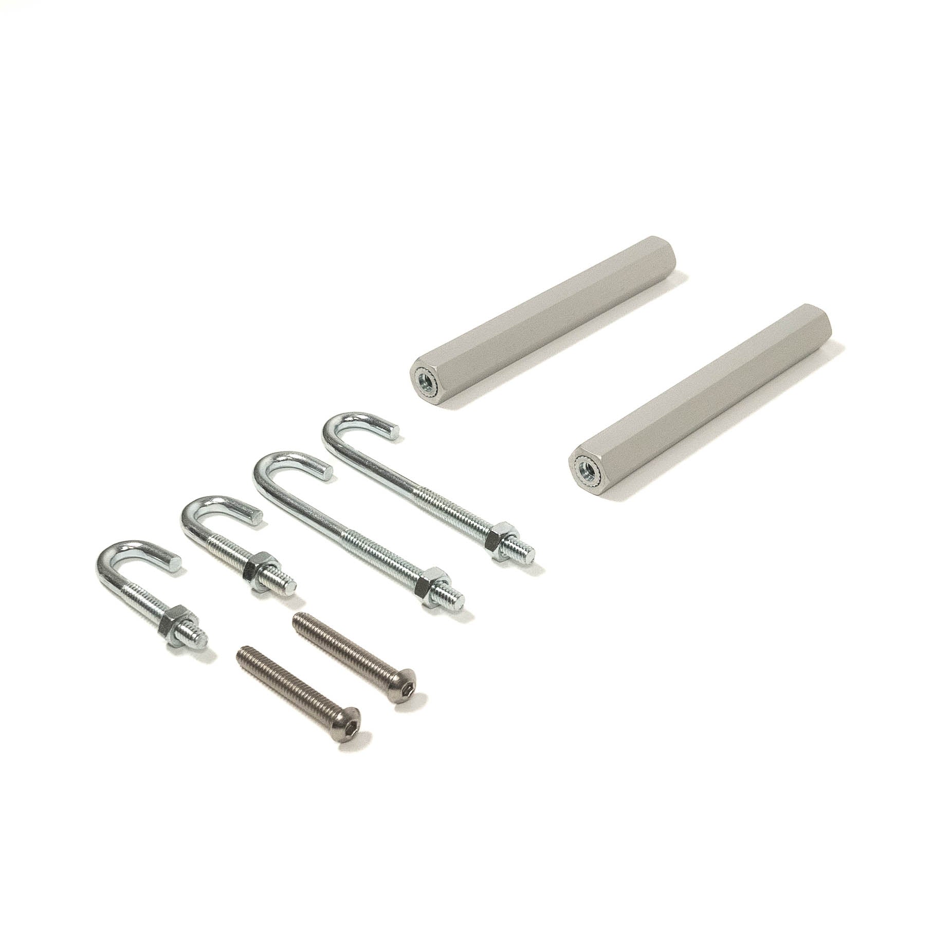 SDHQ Built Billet Battery Hold Down J-Hook Extension Kit Display of Included parts 