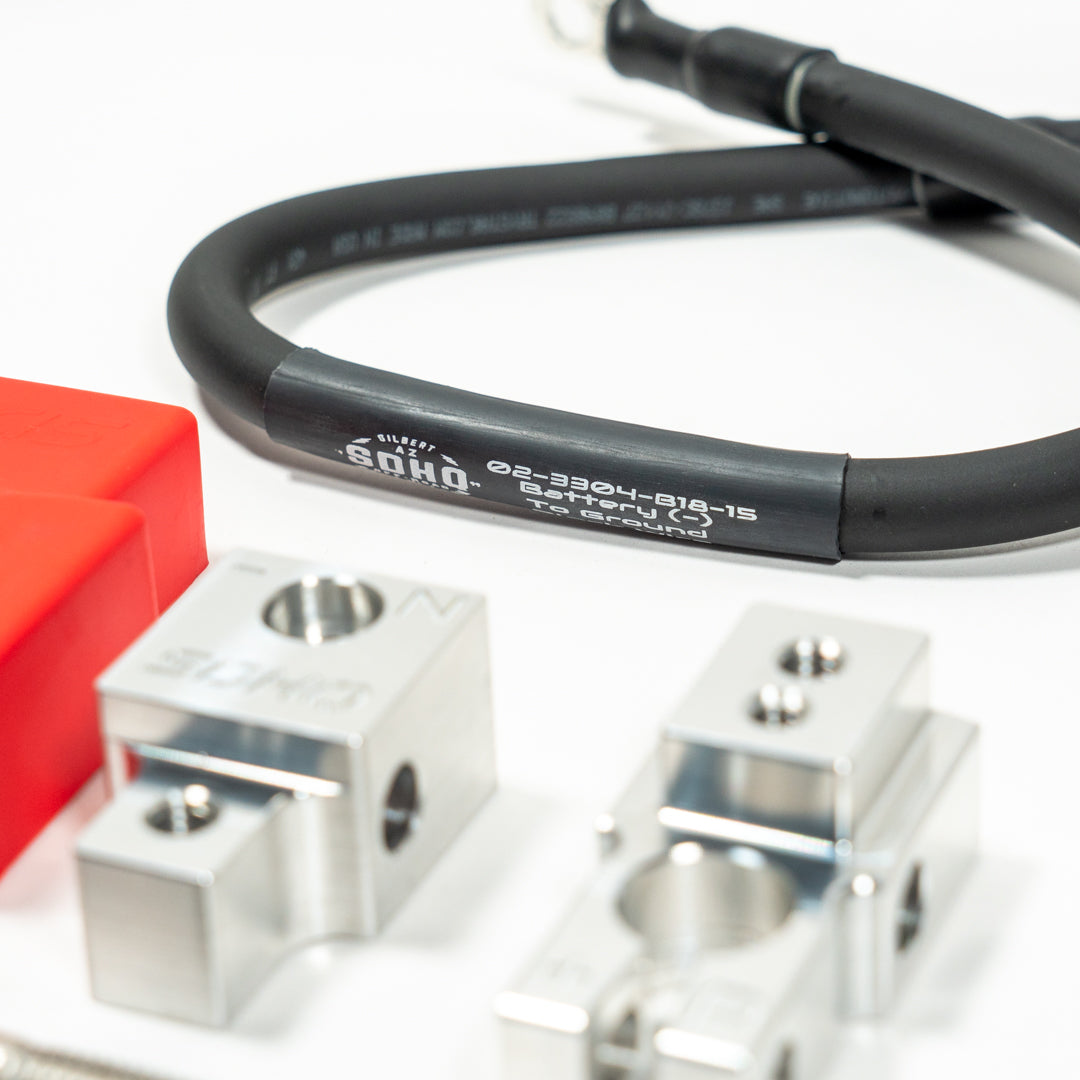 2019-2023 RAM 2500/3500 Complete Billet Single Battery Terminal and Distribution Kit Close-up display of included parts
