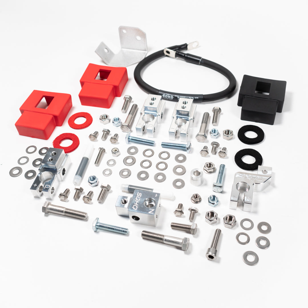 '19-23 RAM 2500/3500 Complete Billet Battery Terminal and Distribution Kit Display of Included Parts and Hardware 