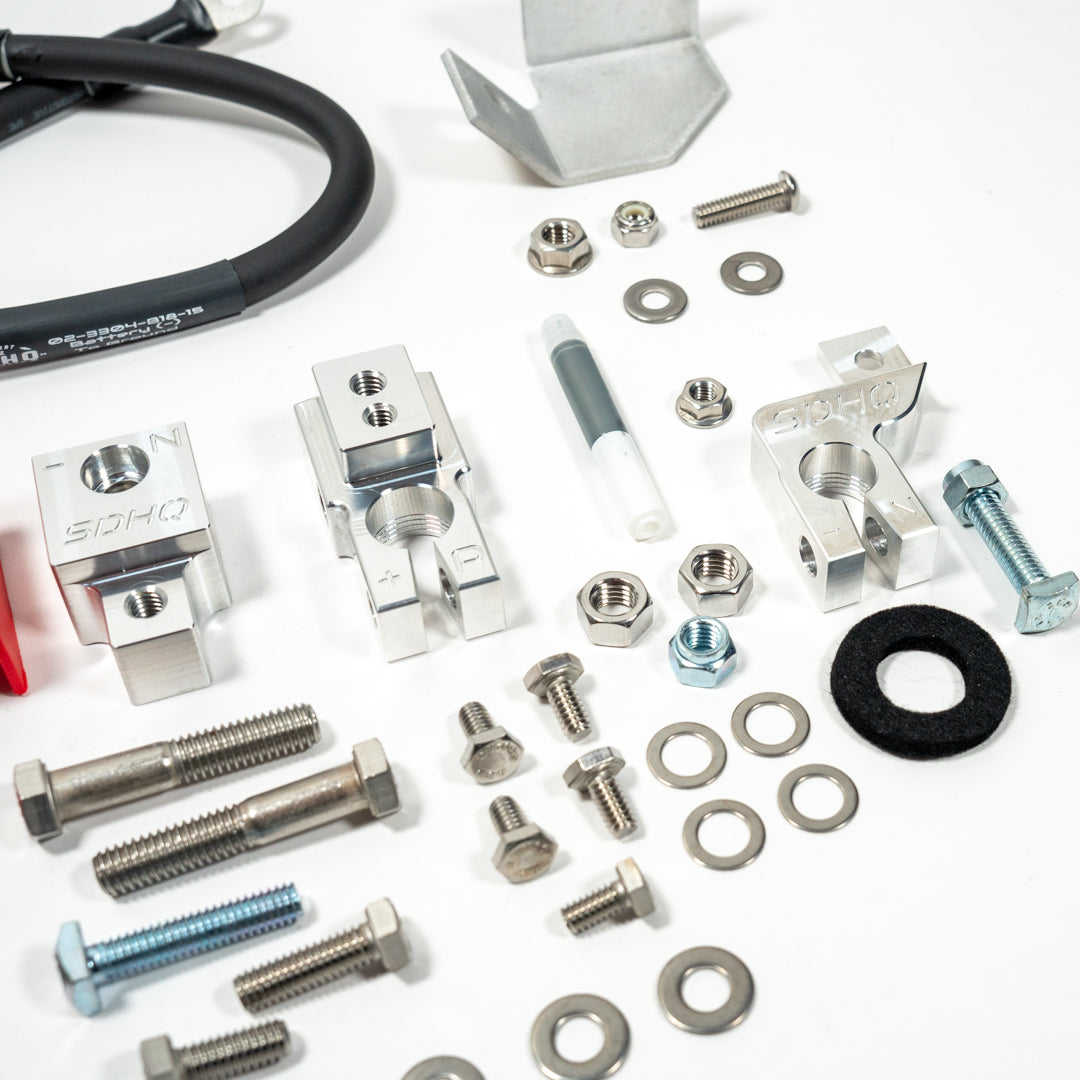 2019-2023 RAM 2500/3500 Complete Billet Single Battery Terminal and Distribution Kit Close-up display of included parts and hardware 