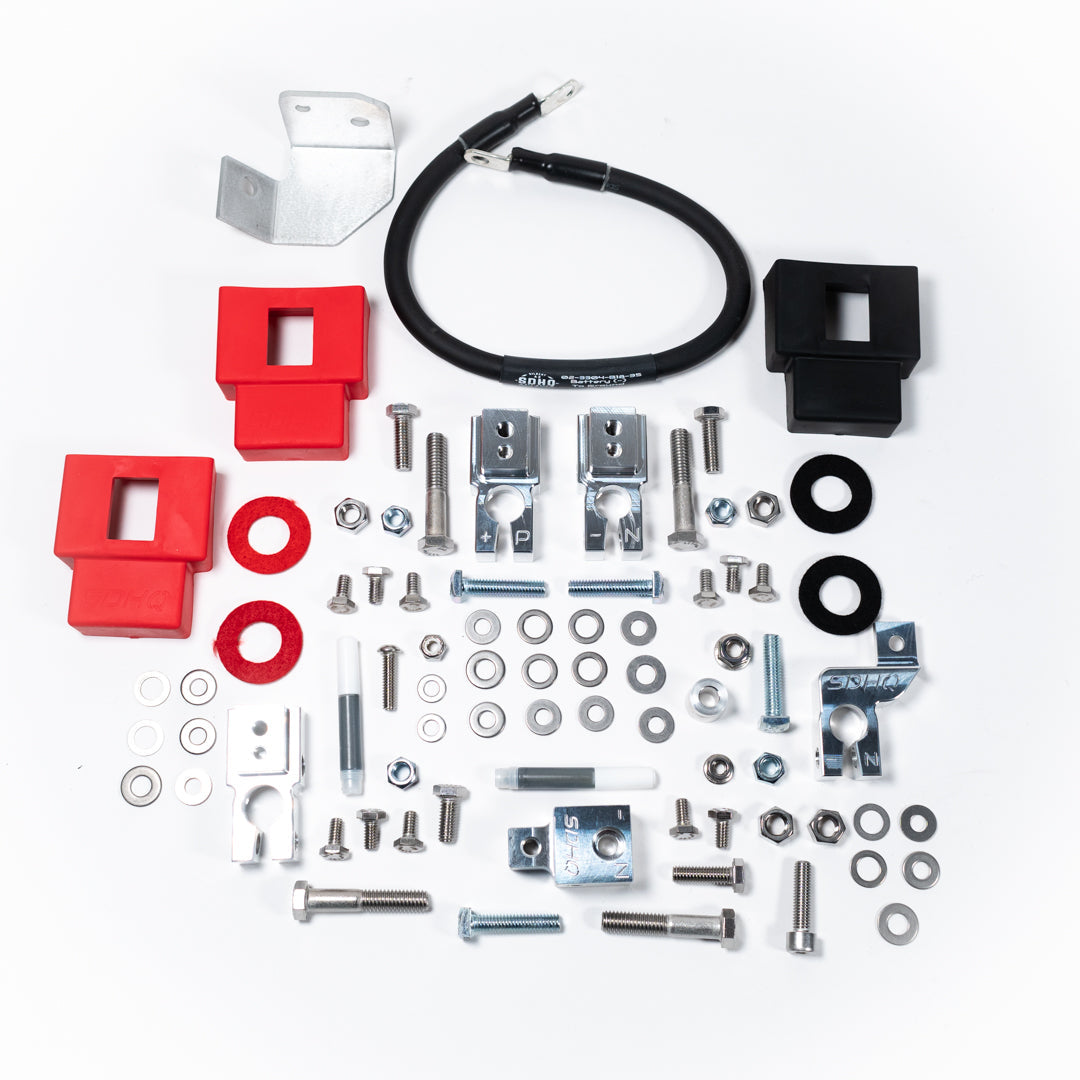 '19-23 RAM 2500/3500 Complete Billet Battery Terminal and Distribution Kit Display of Included Parts and Hardware 