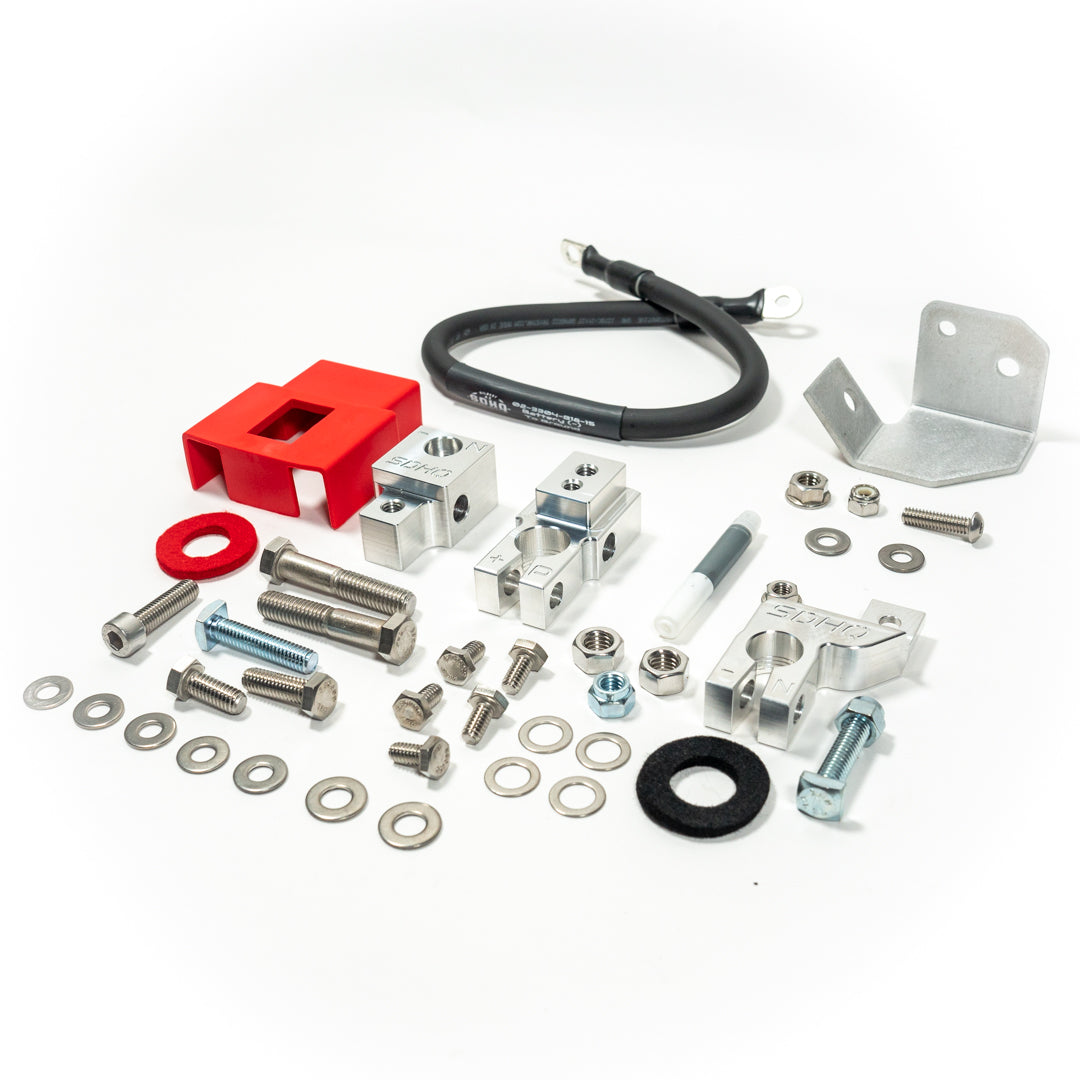2019-2023 RAM 2500/3500 Complete Billet Single Battery Terminal and Distribution Kit Display of Included Parts and Hardware