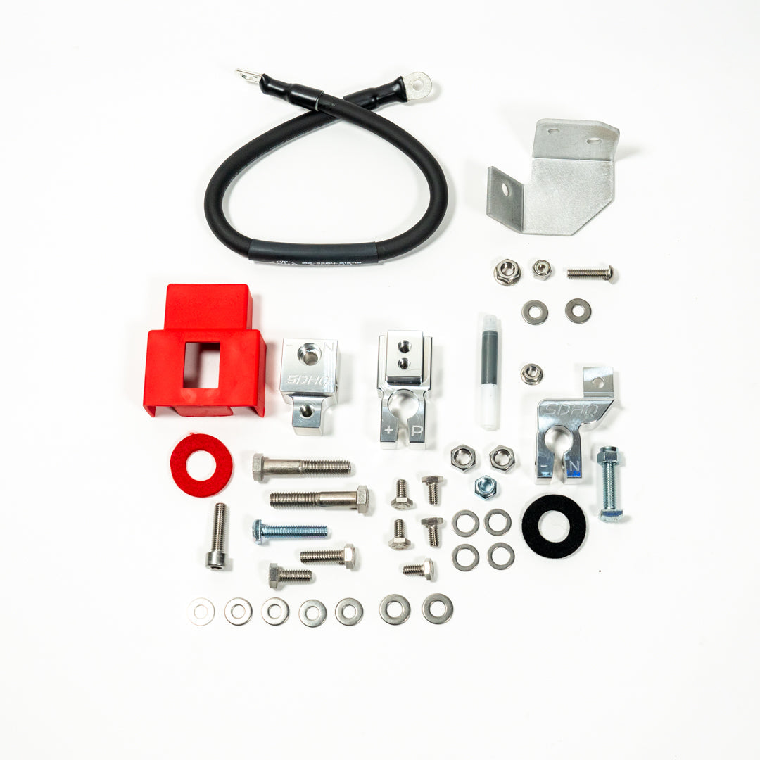 2019-2023 RAM 2500/3500 Complete Billet Single Battery Terminal and Distribution Kit Display of Included Parts and Hardware 