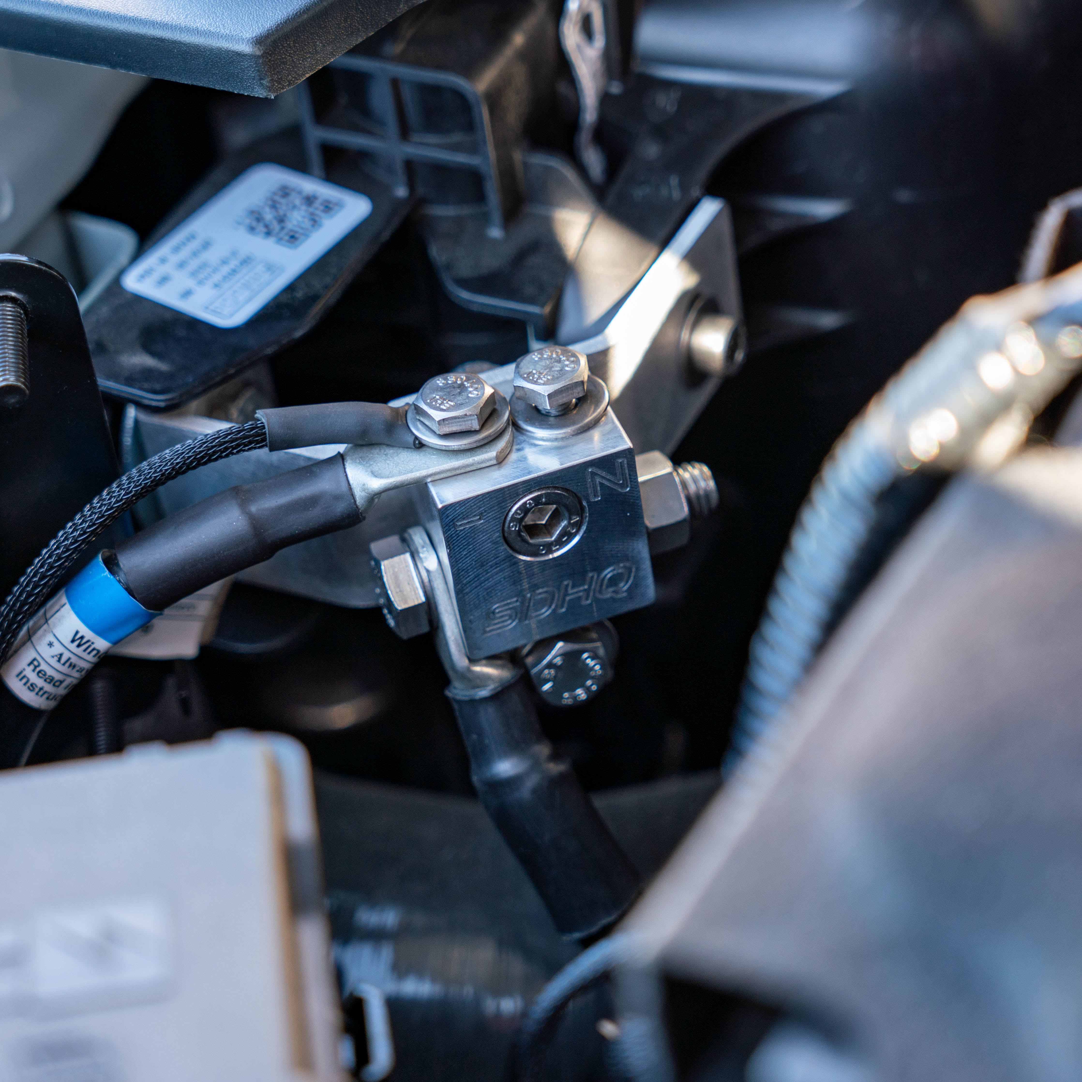 '19-2023 SDHQ Built Ford Ranger Billet Battery Terminal and Distribution Kit Installed Close-up
