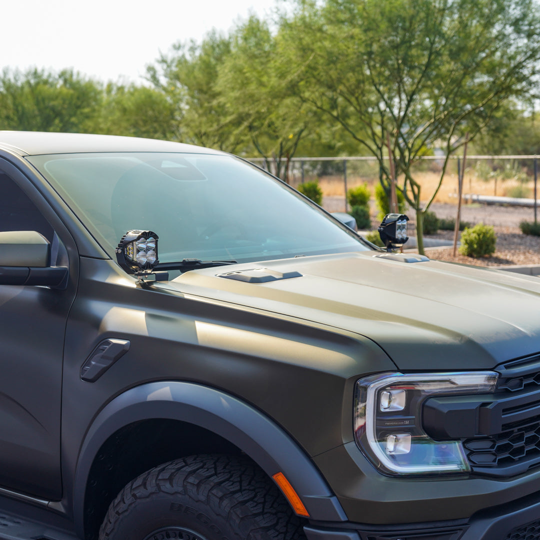 '24+ Ford Ranger/Ranger Raptor A-Pillar Light Mounts installed display