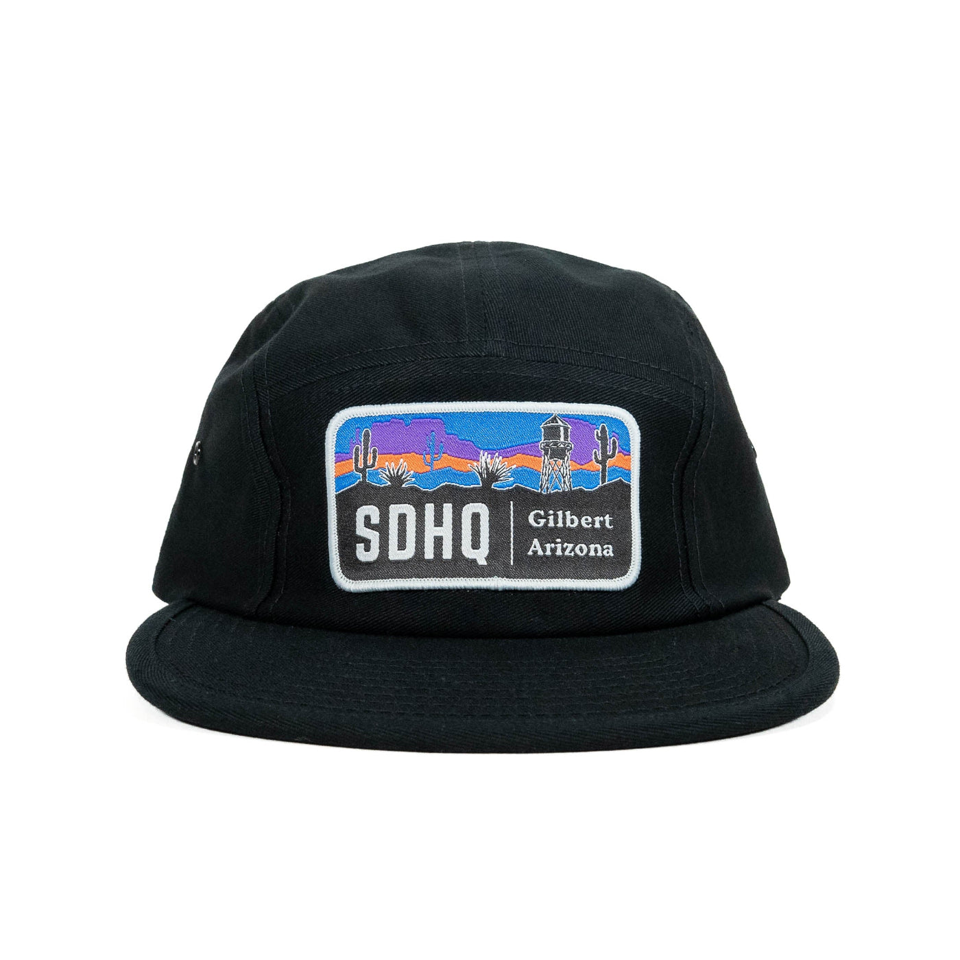 SDHQ 5 PANEL HAT GILBERT WATER TOWER HAT IN BLACK, FRONT VIEW WITH PATCH DISPLAYED ON WHITE BACKGROUND