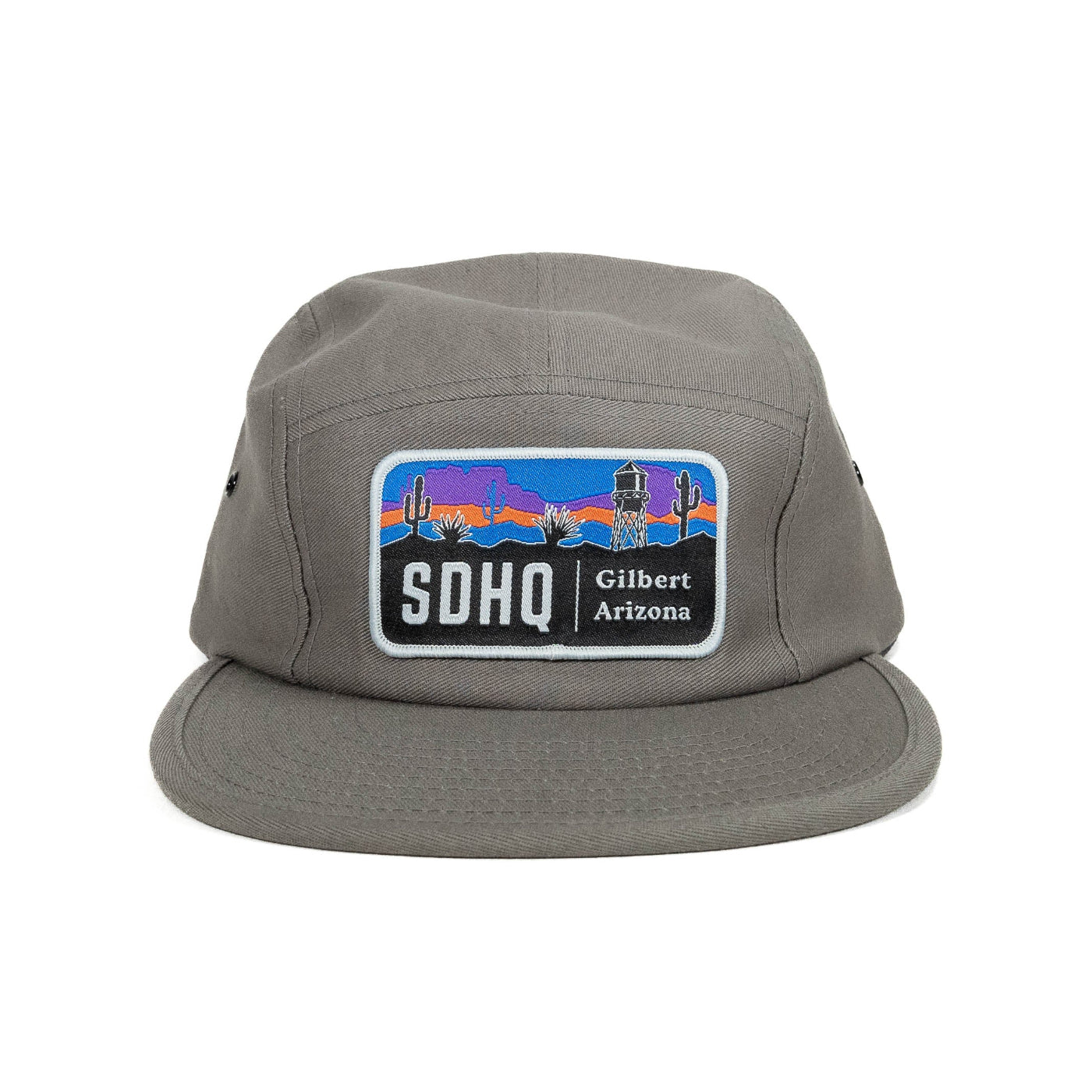 FRONT VIEW OF SDHQ 5 PANEL HAT WITH GILBERT WATER TOWER PATCH
