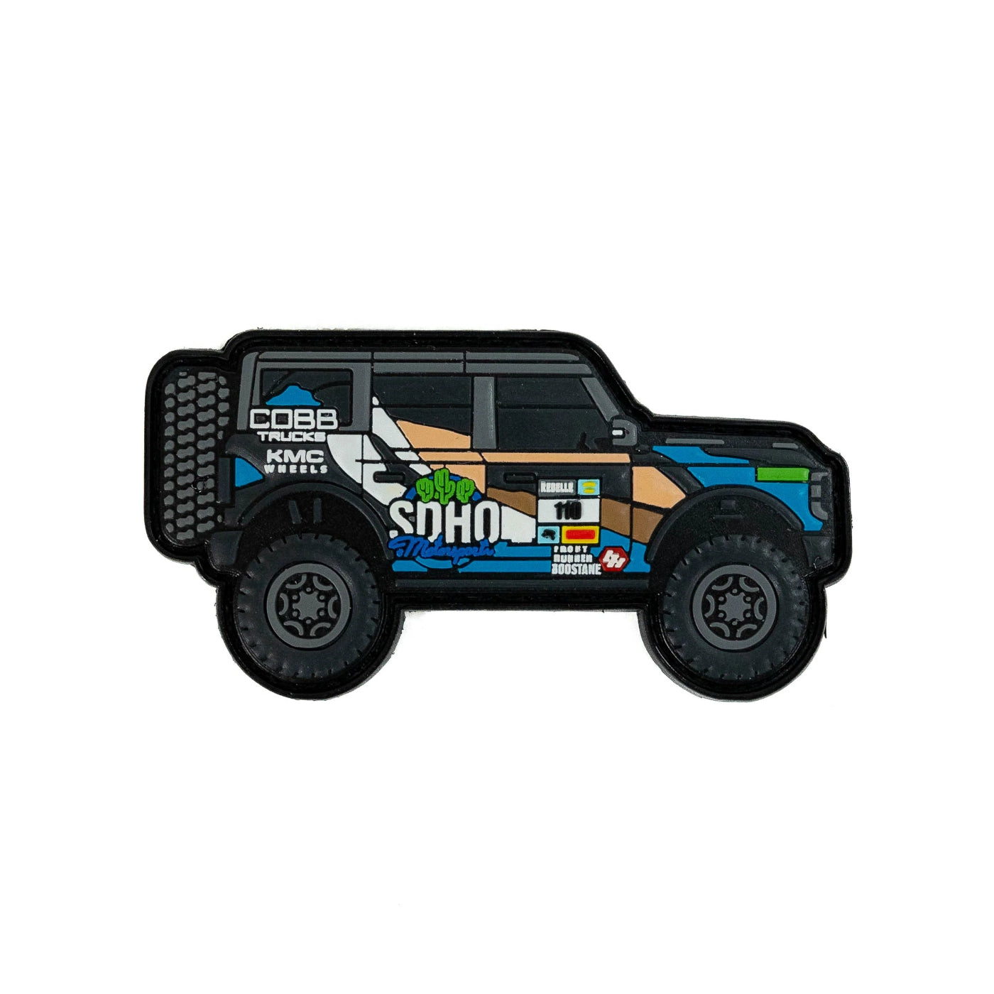 SDHQ Bronco Raptor Patch with Two SDHQ Motorsports Neon Sign Stickers DISPLAY OF BRONCO RAPTOR PATCH ONLY