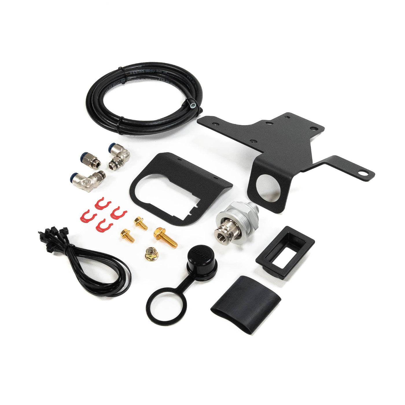 SDHQ Built 2024 LC250 Air Chuck and Switch Mount DISPLAY OF INCLUDED COMPONENTS FROM ALT ANGLE TO SHOW THE BENDS AND DETAILS OF BRACKETRY