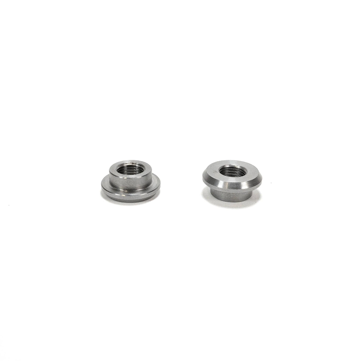 SDHQ Built Machined Stepped & Threaded Weld Washers DISPLAY ON WHITE BACKGROUND WITH ONE FLIPPED TO SHOW THE SHAPE AND UNDER SIDE