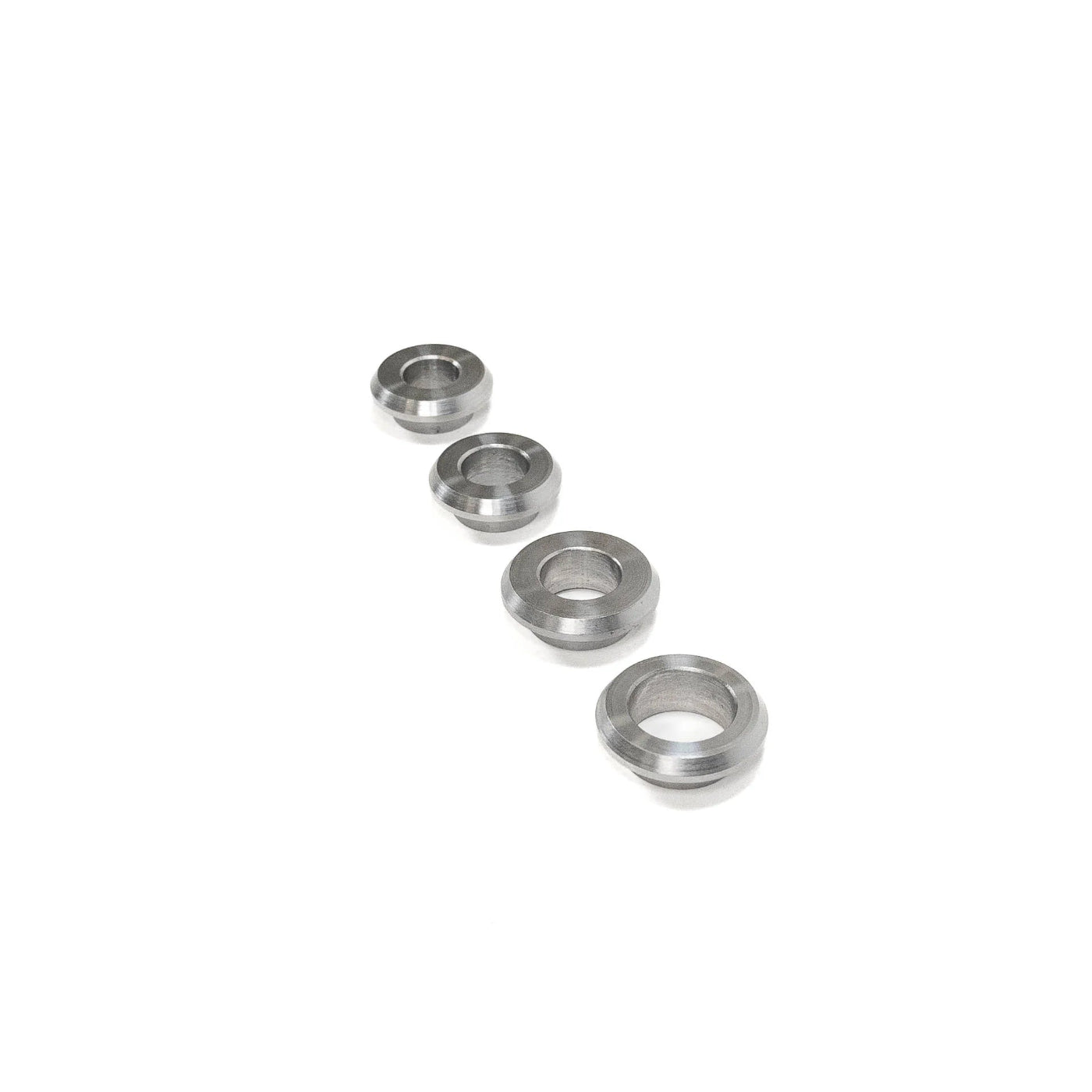 SDHQ Built Machined Stepped Weld Washers DISPLAY FROM LARGEST TO SMALLEST ON WHITE BACKGROUND