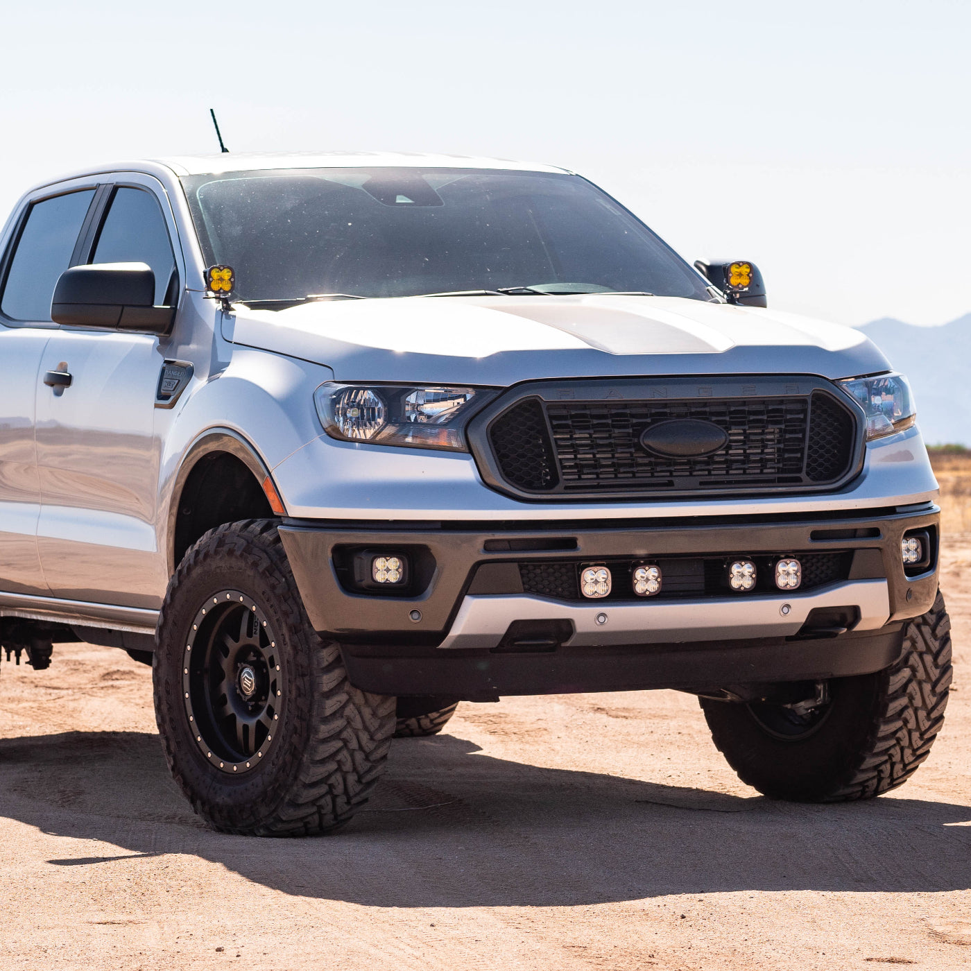 DISPLAY OF SDHQ BUILT 2019-2023 FORD RANGER A PILLAR LIGHT MOUNTS INSTALLED ON SDHQ RANGER