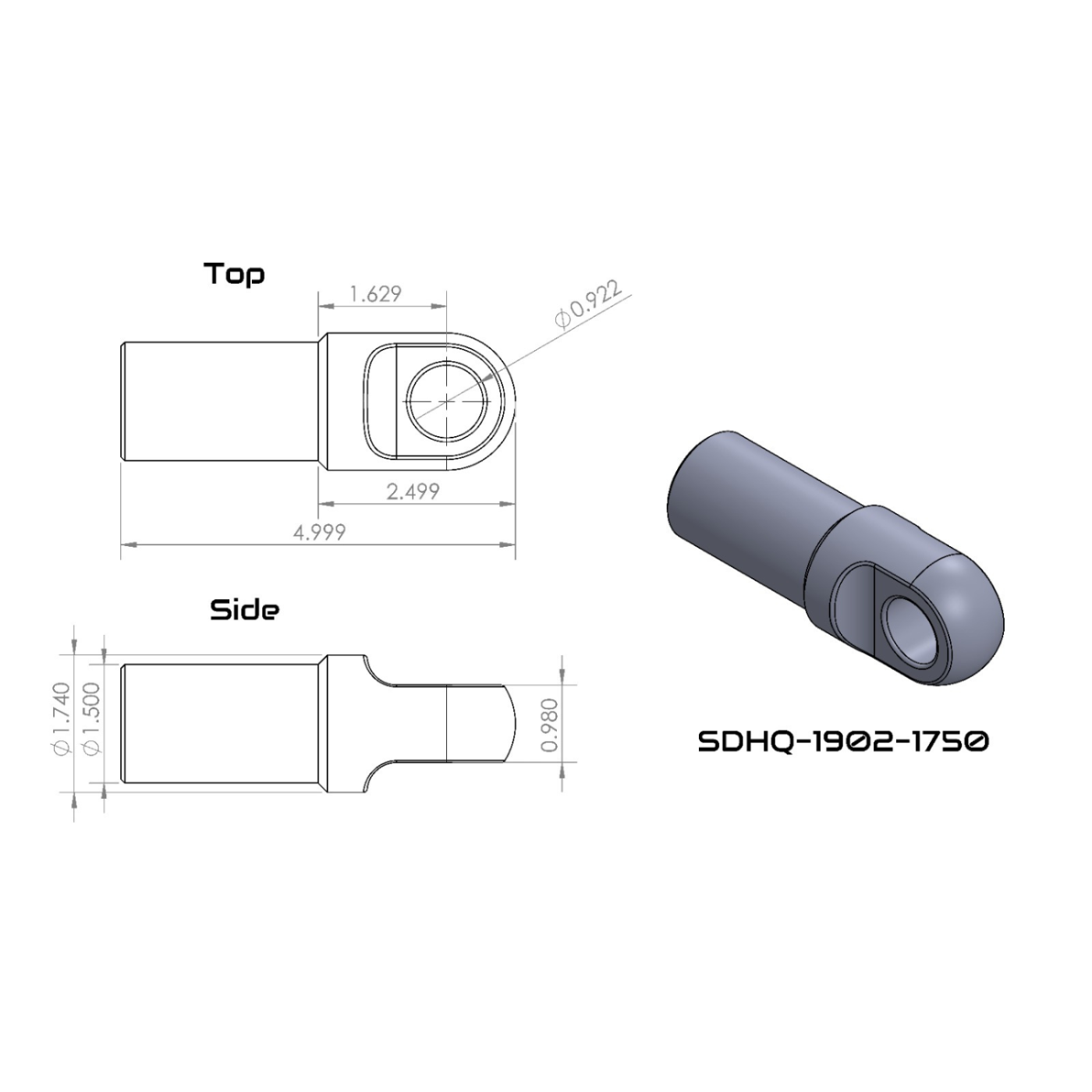 SDHQ Built Machined Clevis End render with dimensions labeled