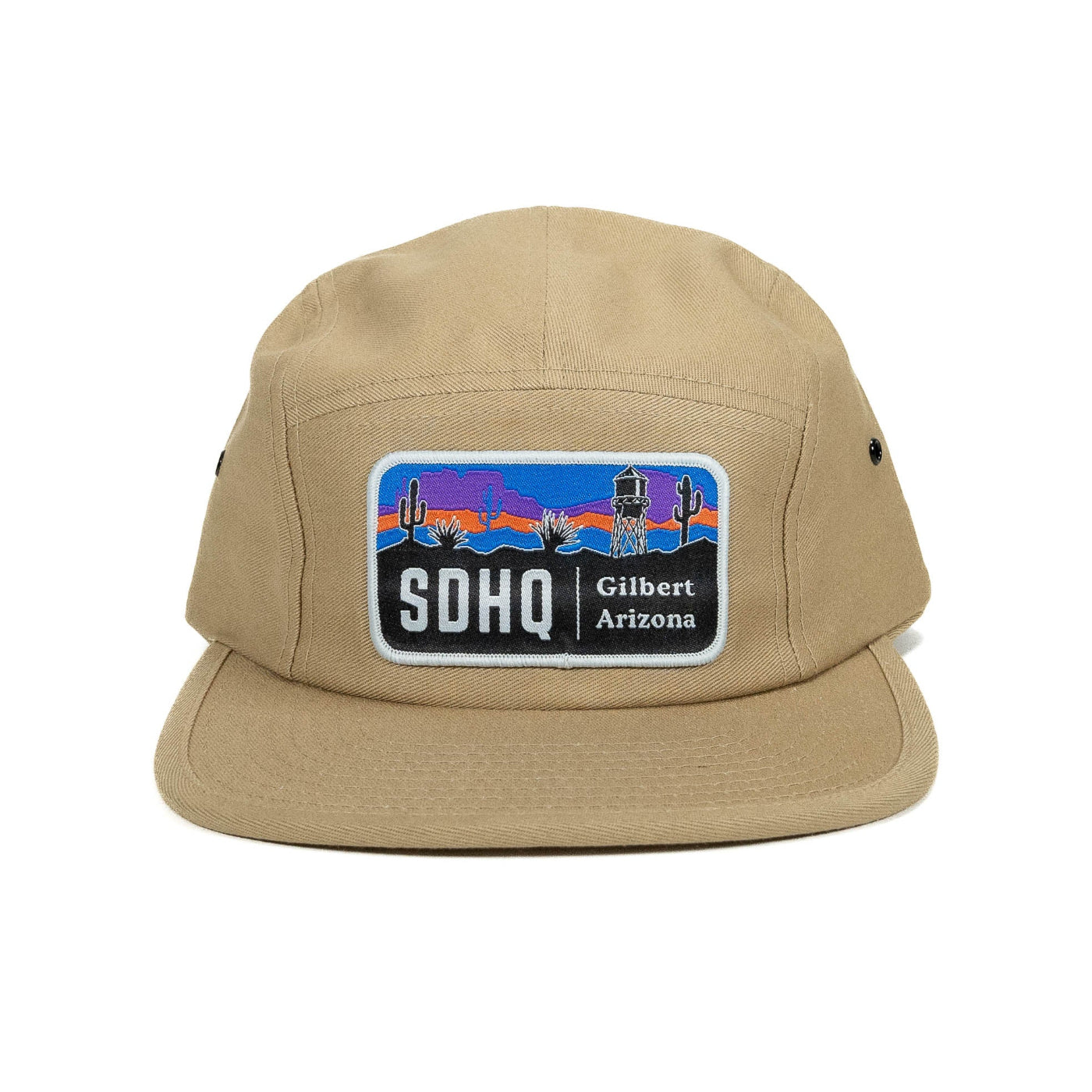 SDHQ CREAM 5 PANEL HAT ON WHITE BACKGROUND, DISPLAY OF FRONT OF HAT