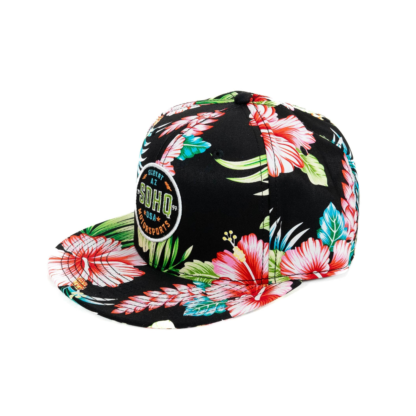 SDHQ MOTORSPORTS HAWAIIAN DESIGN HAT DISPLAY ON WHITE BACKGROUND
