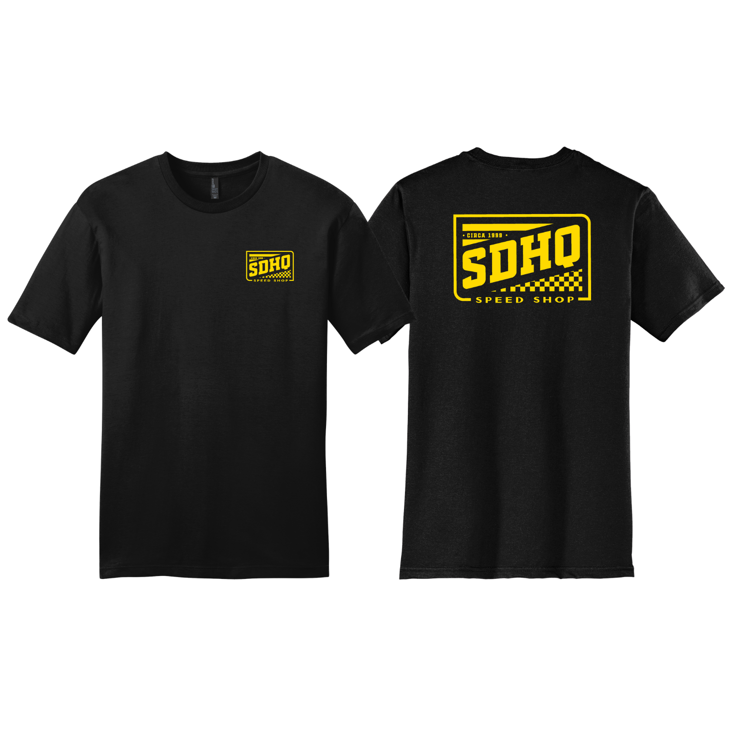 SDHQ SPEED SHOP T SHIRT, BLACK WITH YELLOW-GOLD PRINT ON WHITE BACKGROUND DISPLAY OF FRONT AND REAR