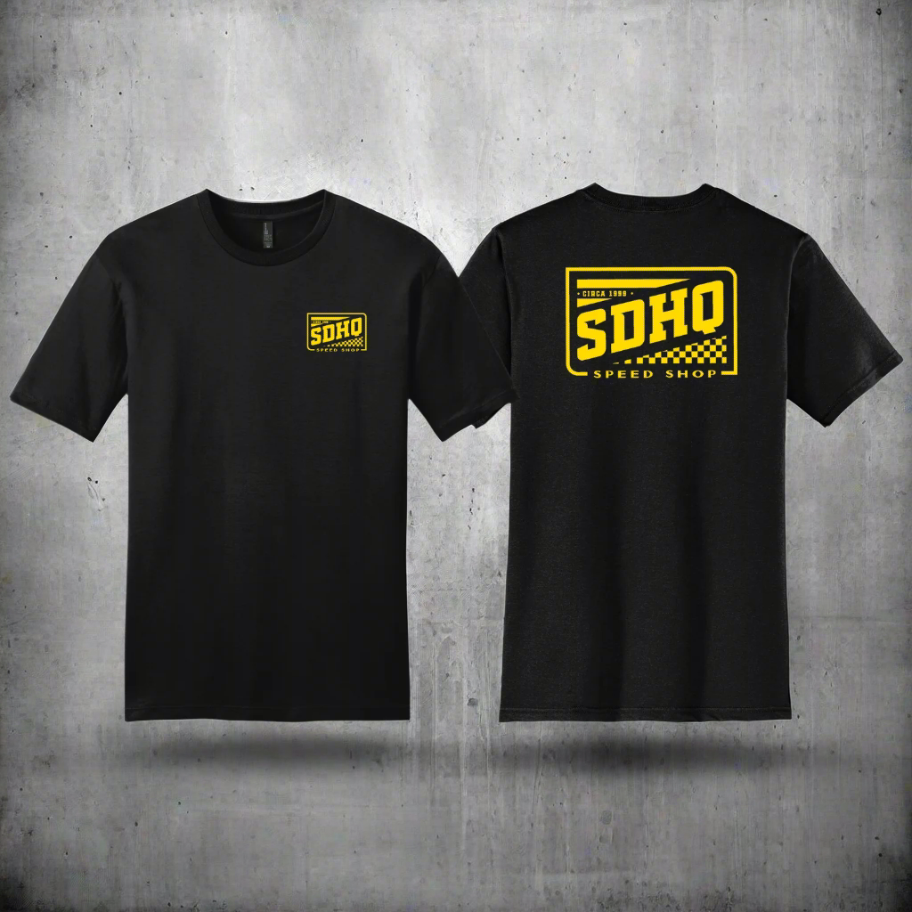 SDHQ SPEED SHOP T SHIRT, BLACK T SHIRT WITH YELLOW GOLD PRINT, DISPLAY ON WHITE BACKGROUND