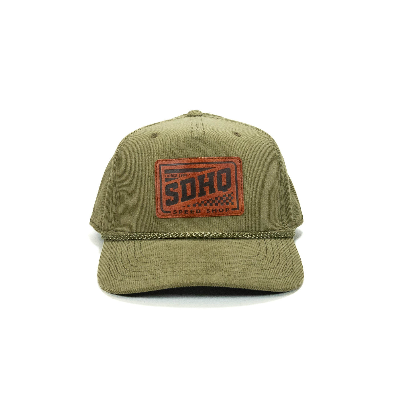 SDHQ Speed Shop Green Corduroy Hat display of front of hat showing full patch and bill shape