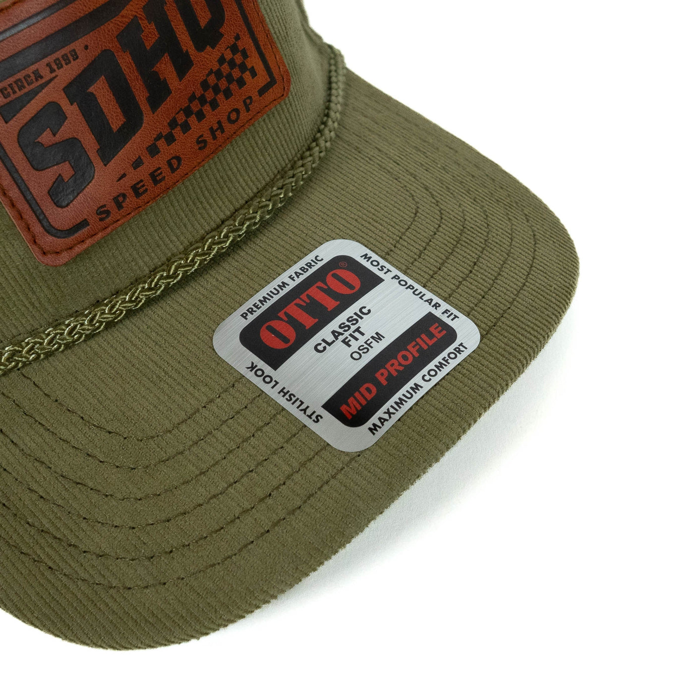 SDHQ Speed Shop Green Corduroy Hat display of label on hat showing the model and fit