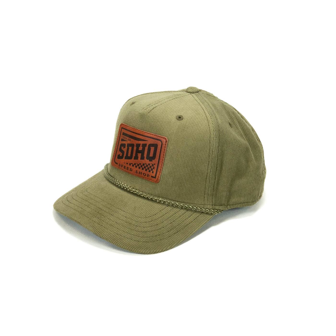 SDHQ Speed Shop Green Corduroy Hat display on white background from 3/4 view