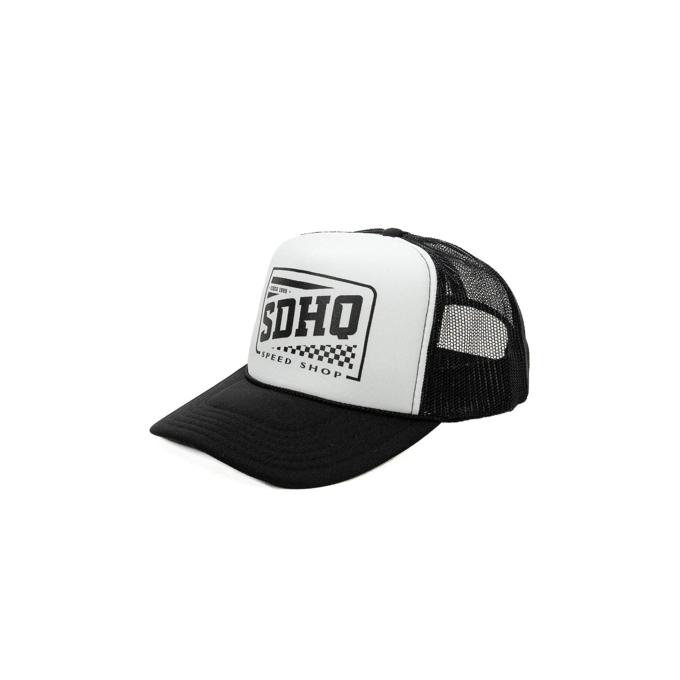 SDHQ Speed Shop Trucker Hat display on white background from 3/4 angle