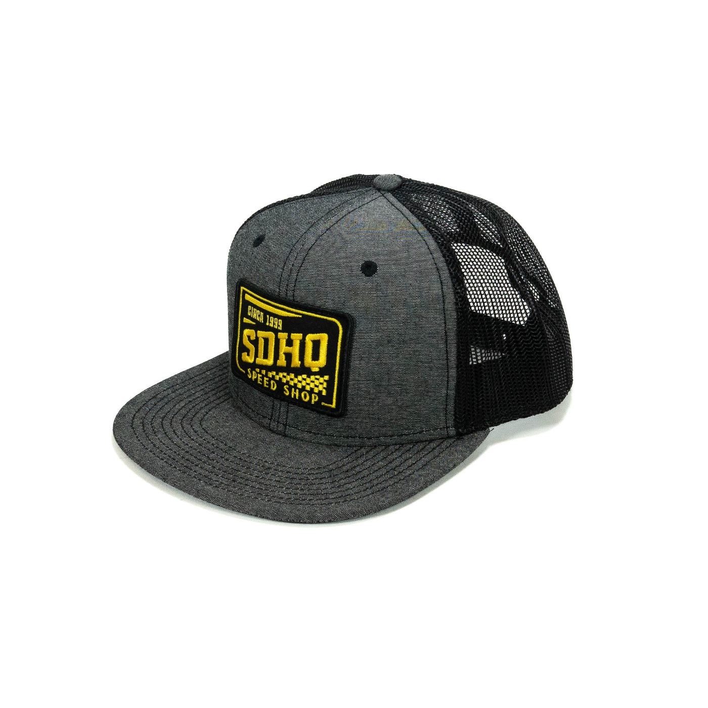 SDHQ Speed Shop Trucker Hat display of flat bill version from 3/4 view