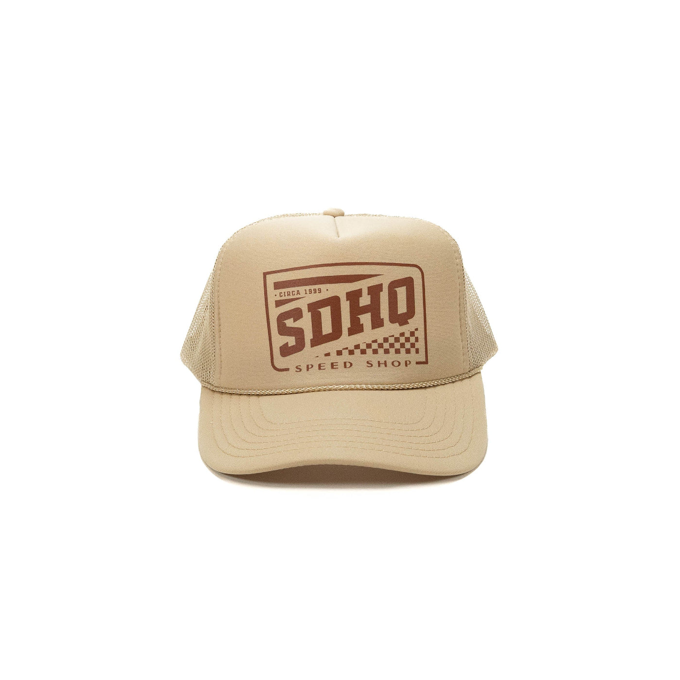 SDHQ Speed Shop Trucker Hat front view tan and brown display