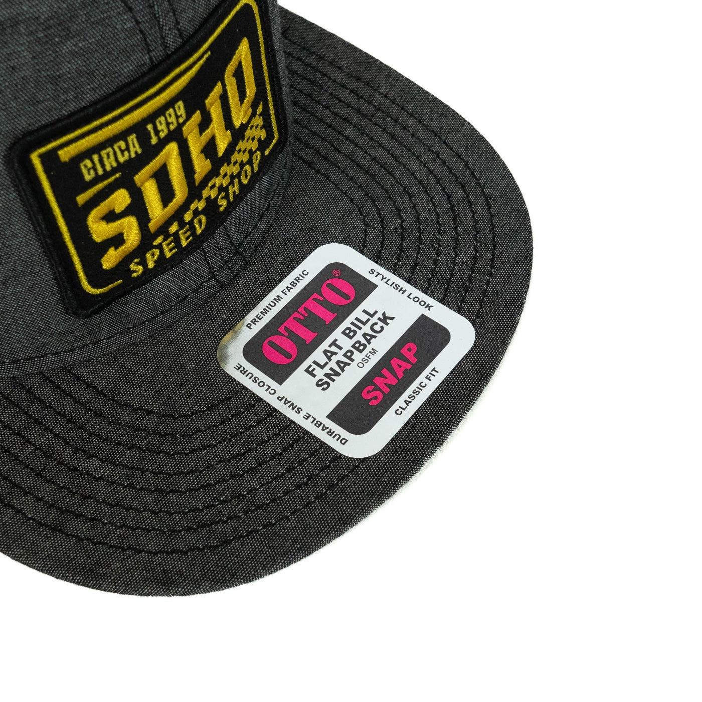 SDHQ Speed Shop Trucker Hat flat bill display of sticker on the bill of hat to show series