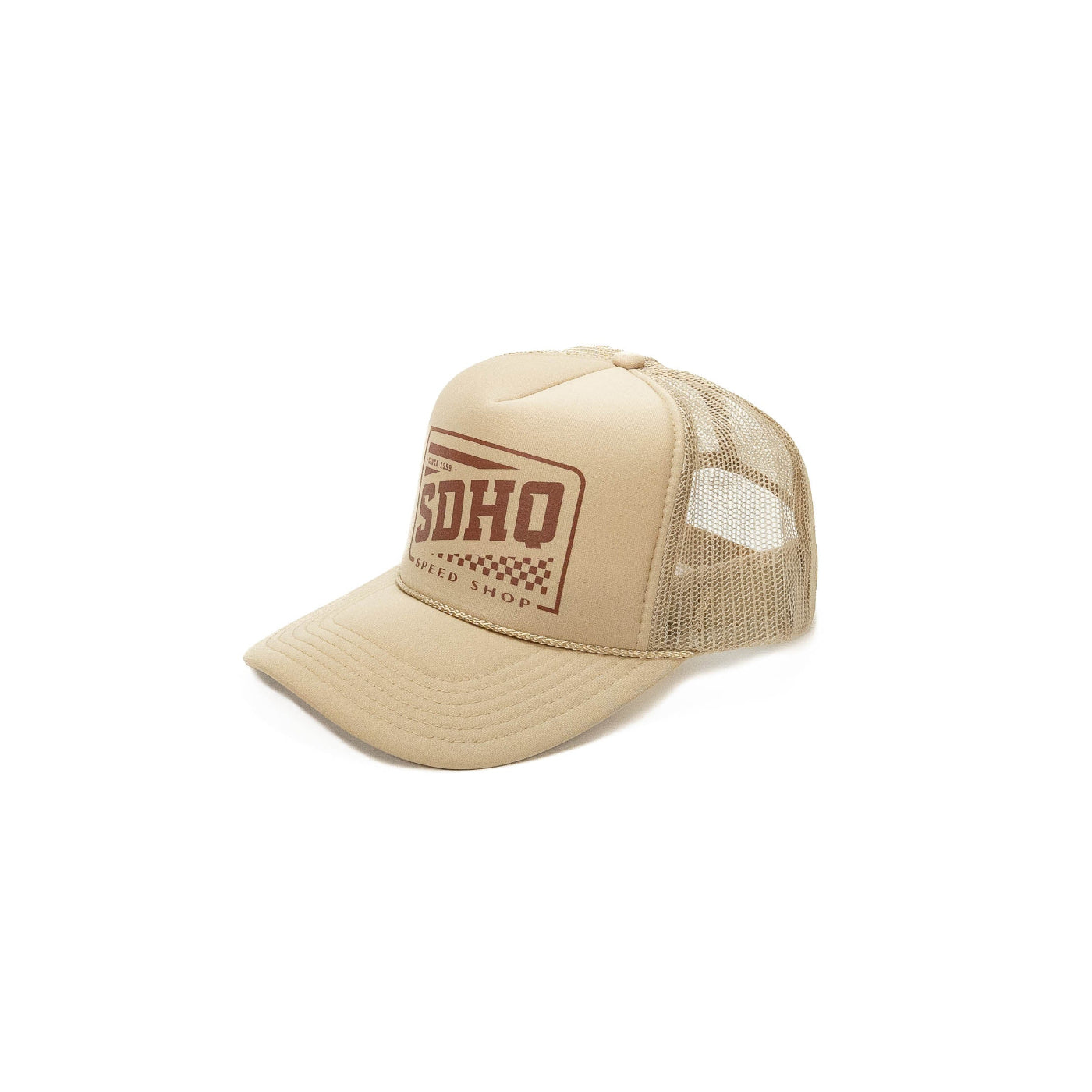 SDHQ Speed Shop Trucker Hat tan and brown display on white background