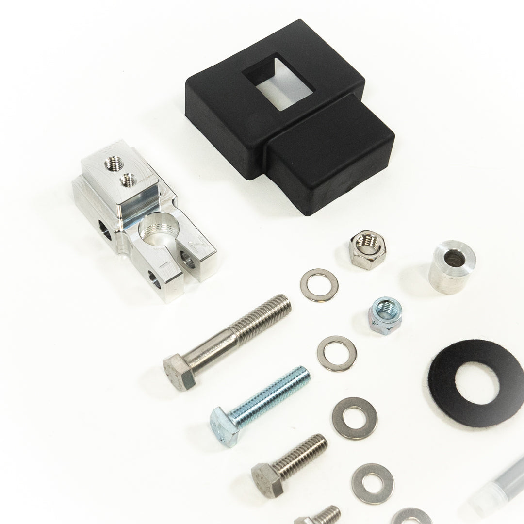 SDHQ Built Single Negative Billet Battery Terminal Kit close-up display of included parts and hardware