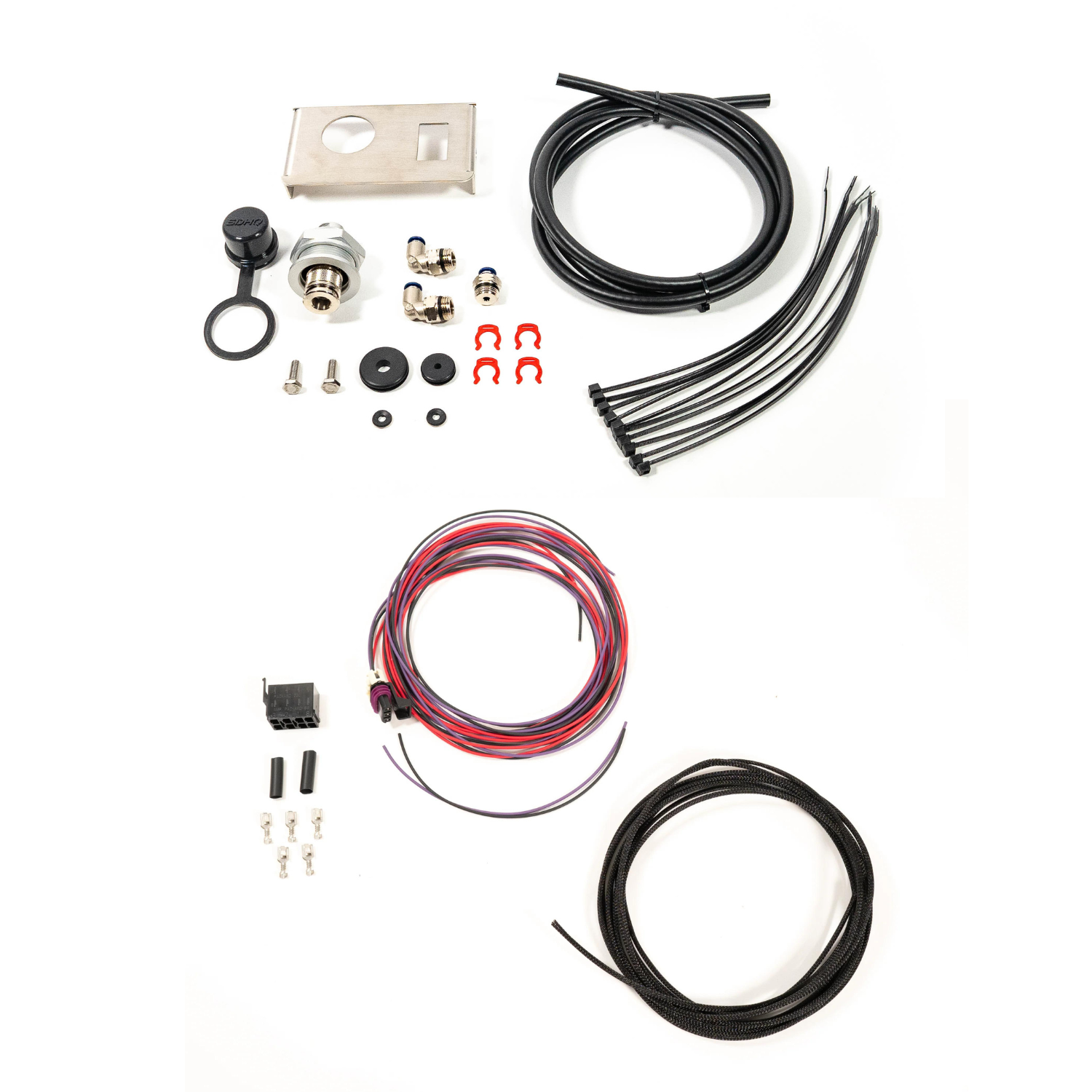 SDHQ Built '24+ Tacoma Bed Power Port Air Chuck and Switch Mount Kit display of included parts 