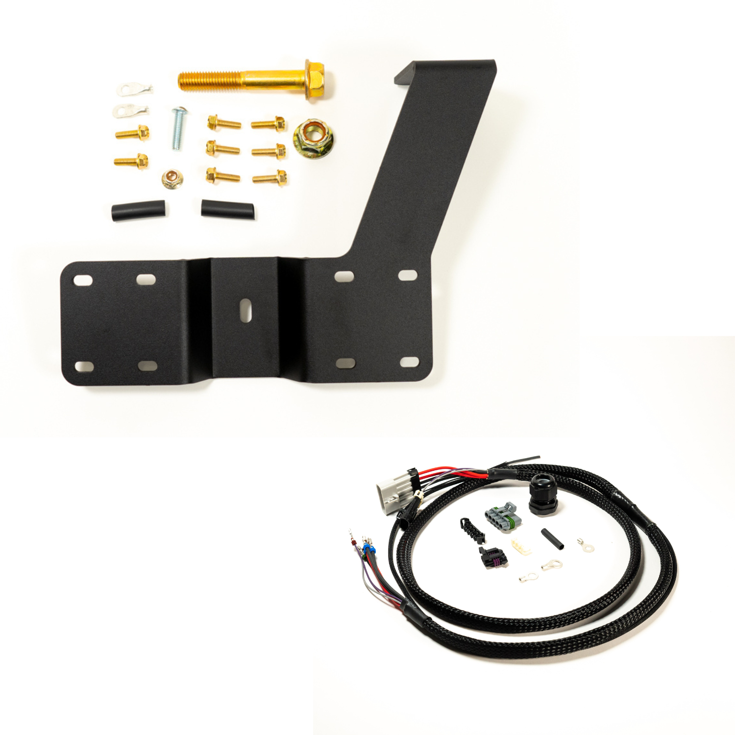 SDHQ Built '24 Tacoma Air Compressor Mount Kit Display of included parts and hardware 