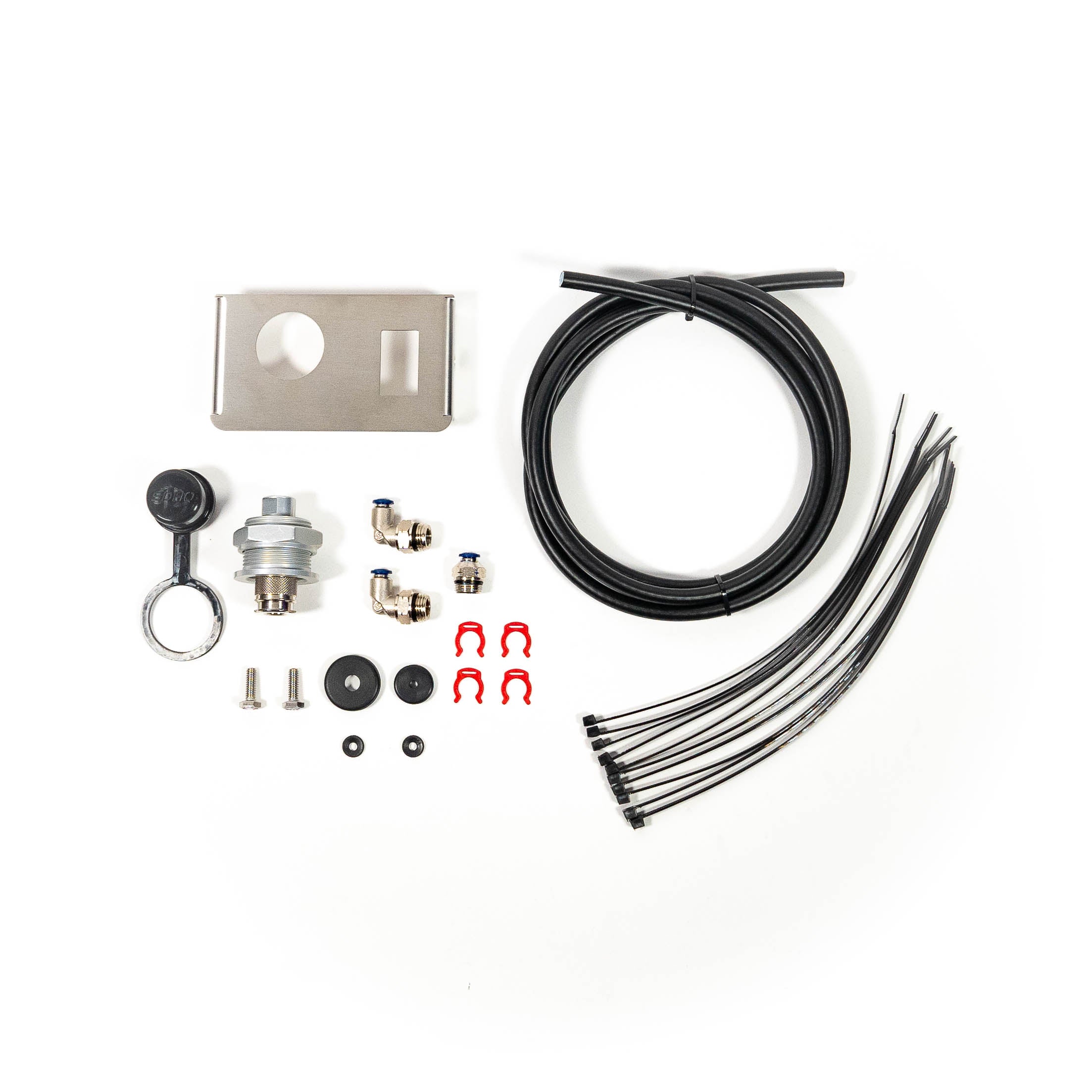 SDHQ Built '24+ Tacoma Bed Power Port Air Chuck and Switch Mount Kit Display of included parts 