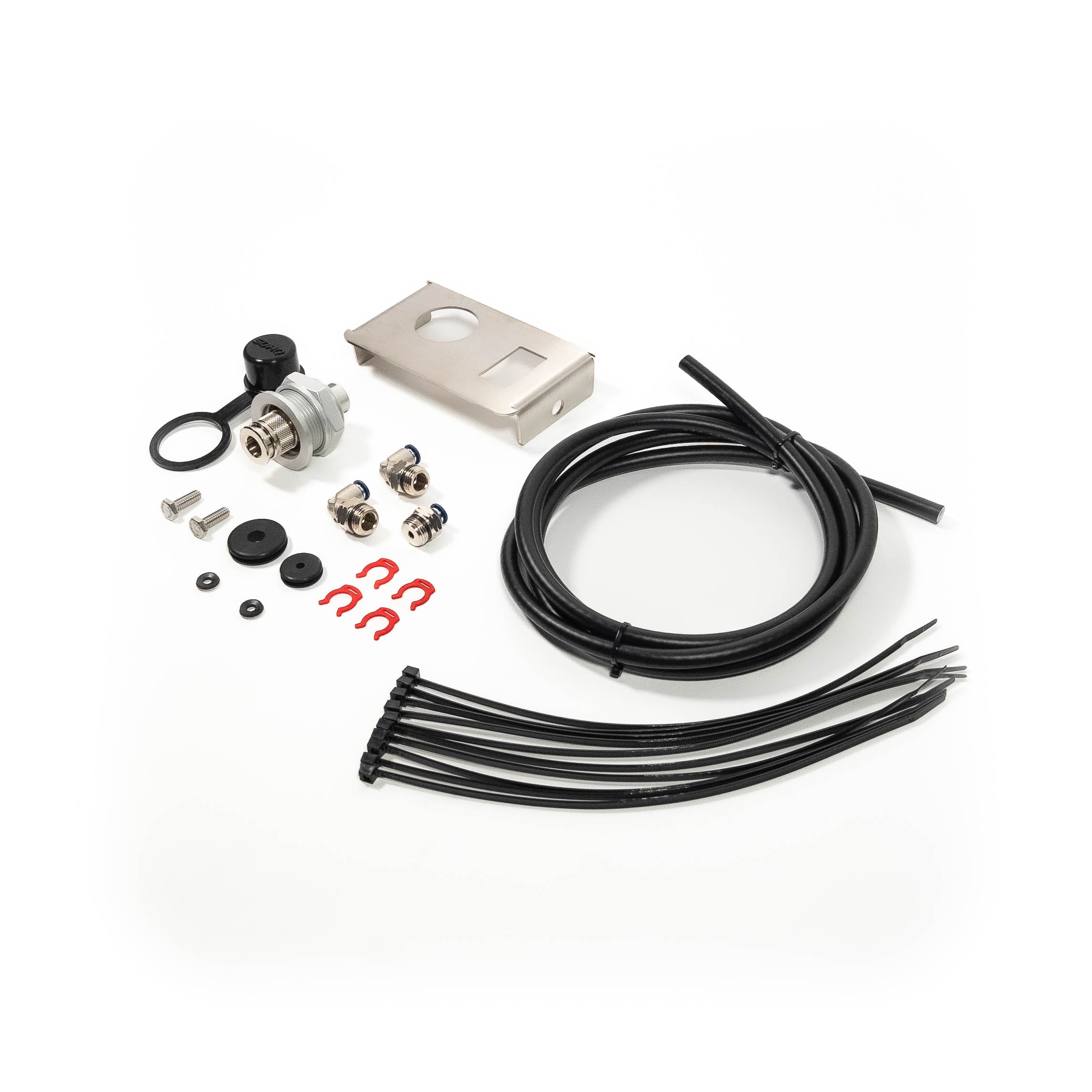 SDHQ Built '24+ Tacoma Bed Power Port Air Chuck and Switch Mount Kit display of included parts 