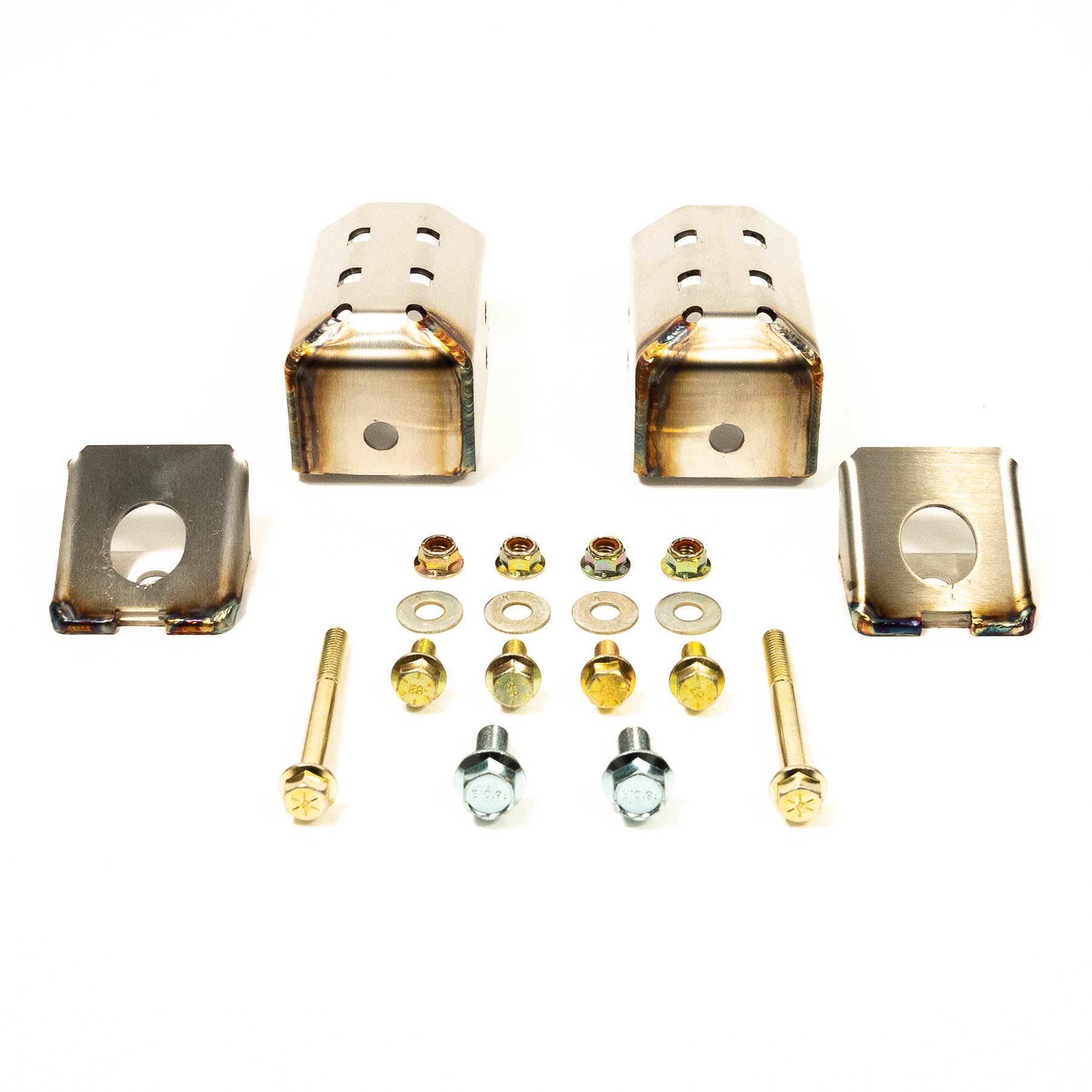 SDHQ Built Toyota Rear Shock Guards Display of included parts and hardware 