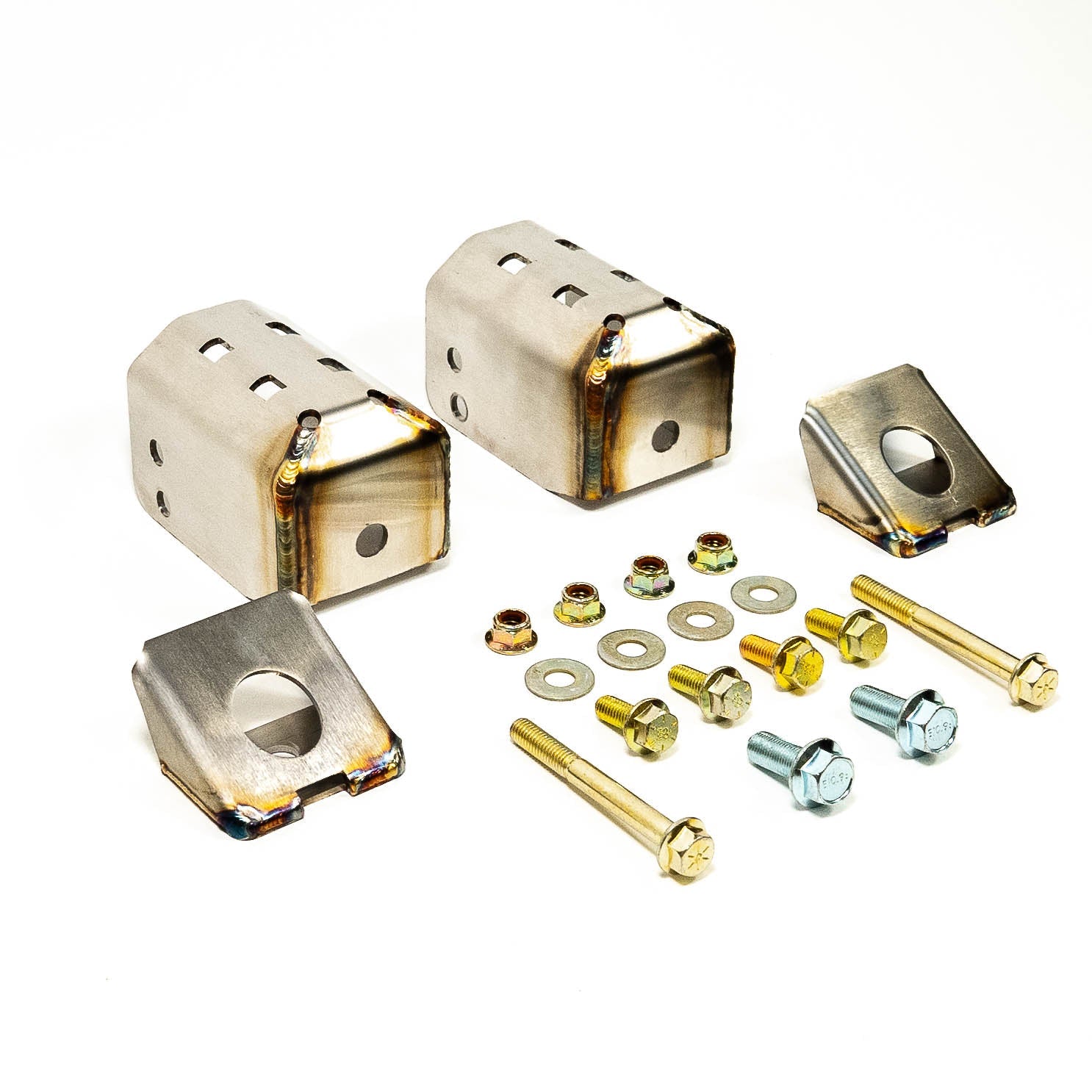 SDHQ Built Toyota Rear Shock Guards Display of included parts and hardware 