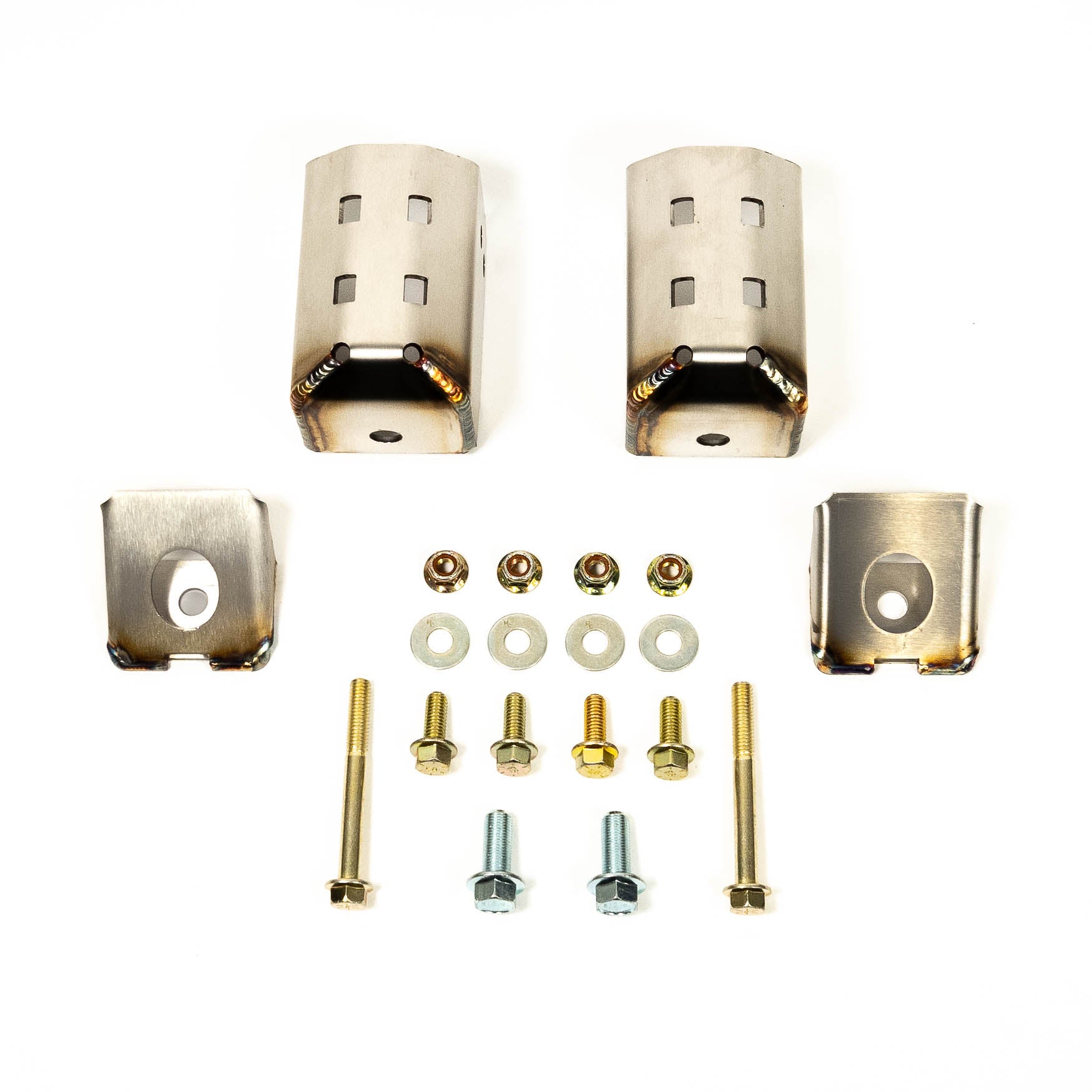 SDHQ Built Toyota Rear Shock Guards Display of included parts and hardware 