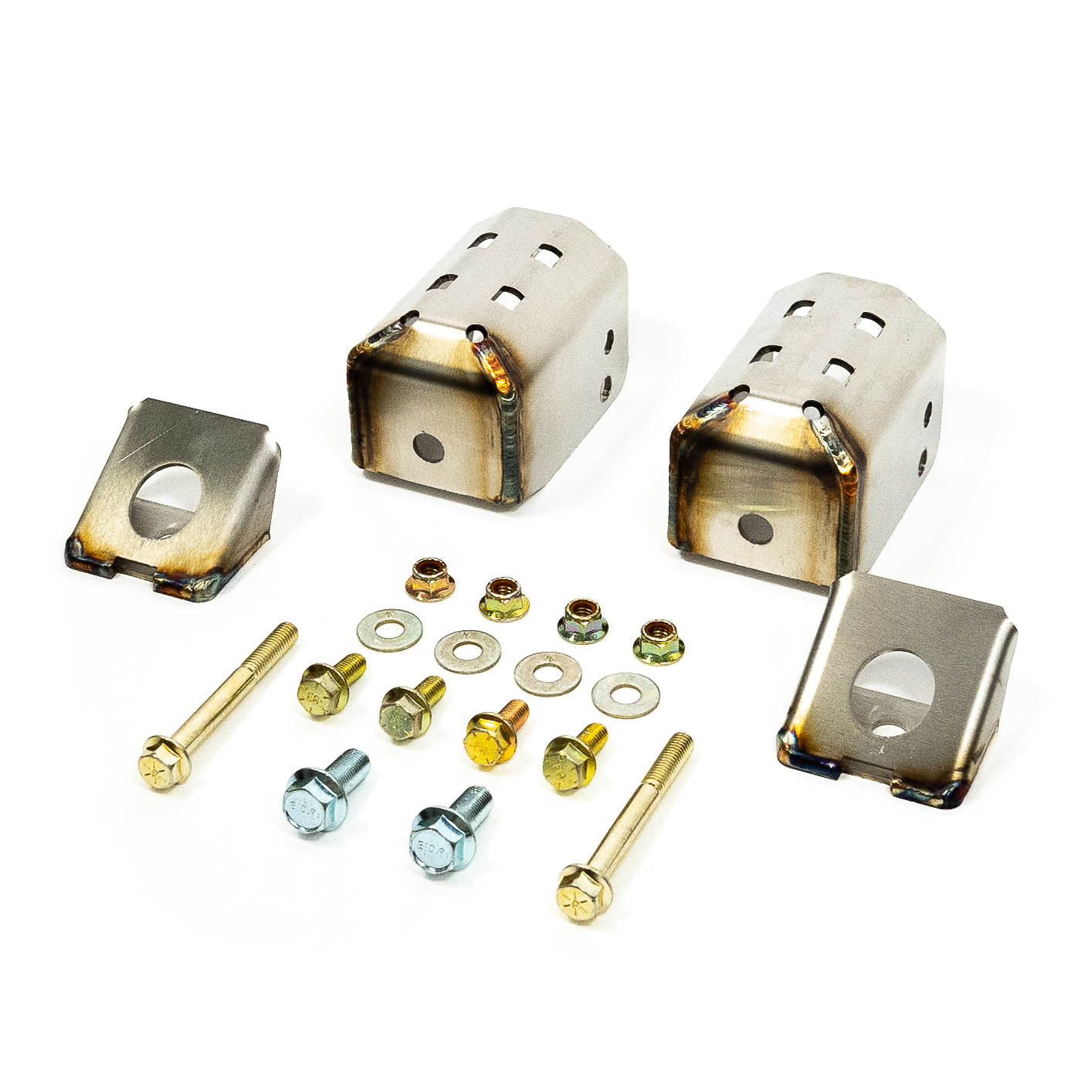 SDHQ Built Toyota Rear Shock Guards Display of included parts and hardware 